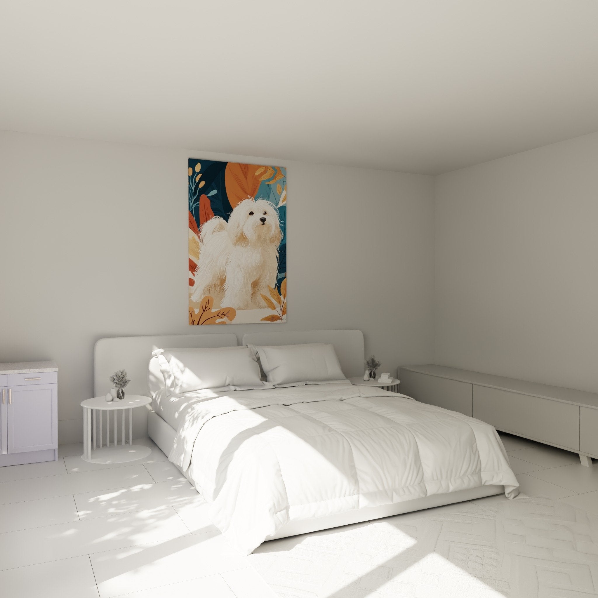 Tableau Coton de Tulear blanc aux tons automnaux dans chambre moderne avec decoration scandinave et meubles bois