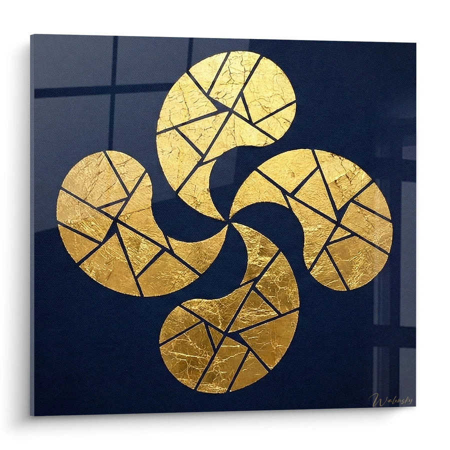 Gemälde Goldenes Baskisches Kreuz mit geometrischen Mustern auf dunkelblauem Grund - Ancestrale Tradition - Baskenland Edition