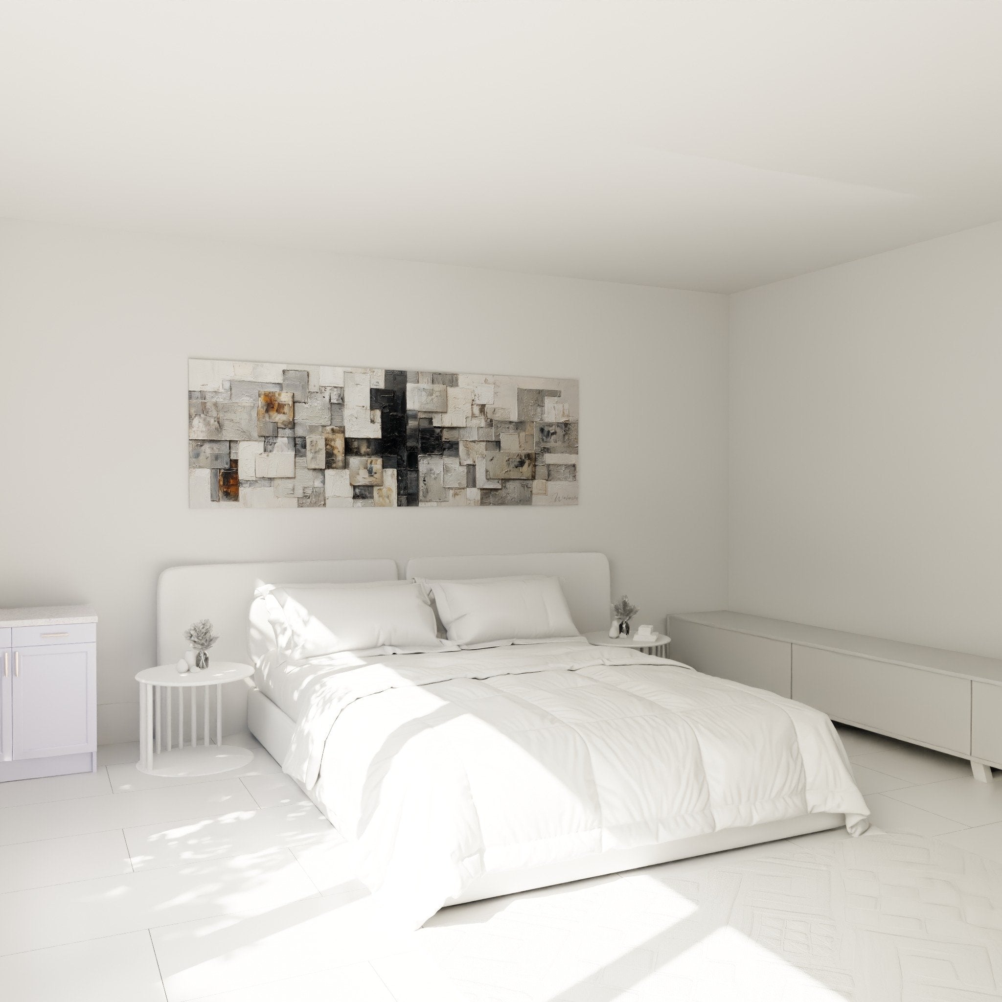 tableau cubes abstraits gris dans chambre moderne mur blanc decoration feng shui nord ouest