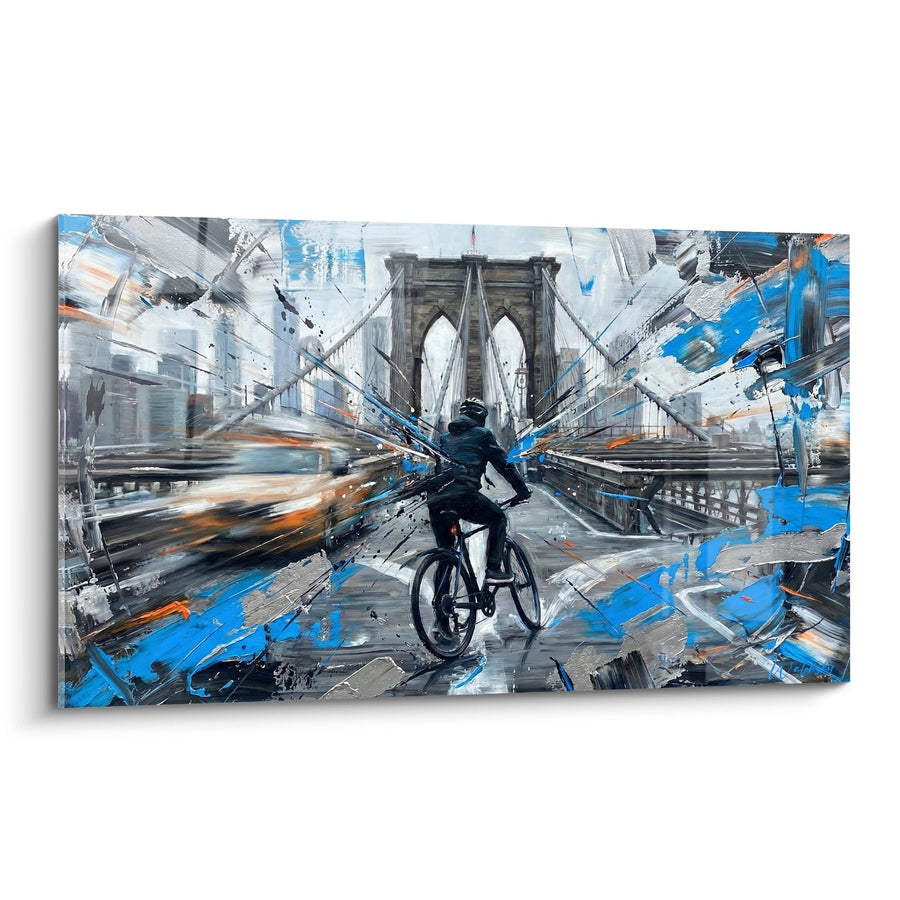 Tableau Cycliste Abstrait sur le Pont avec Éclats Bleus et Gris - Mouvement Urbain - Edition Brooklyn