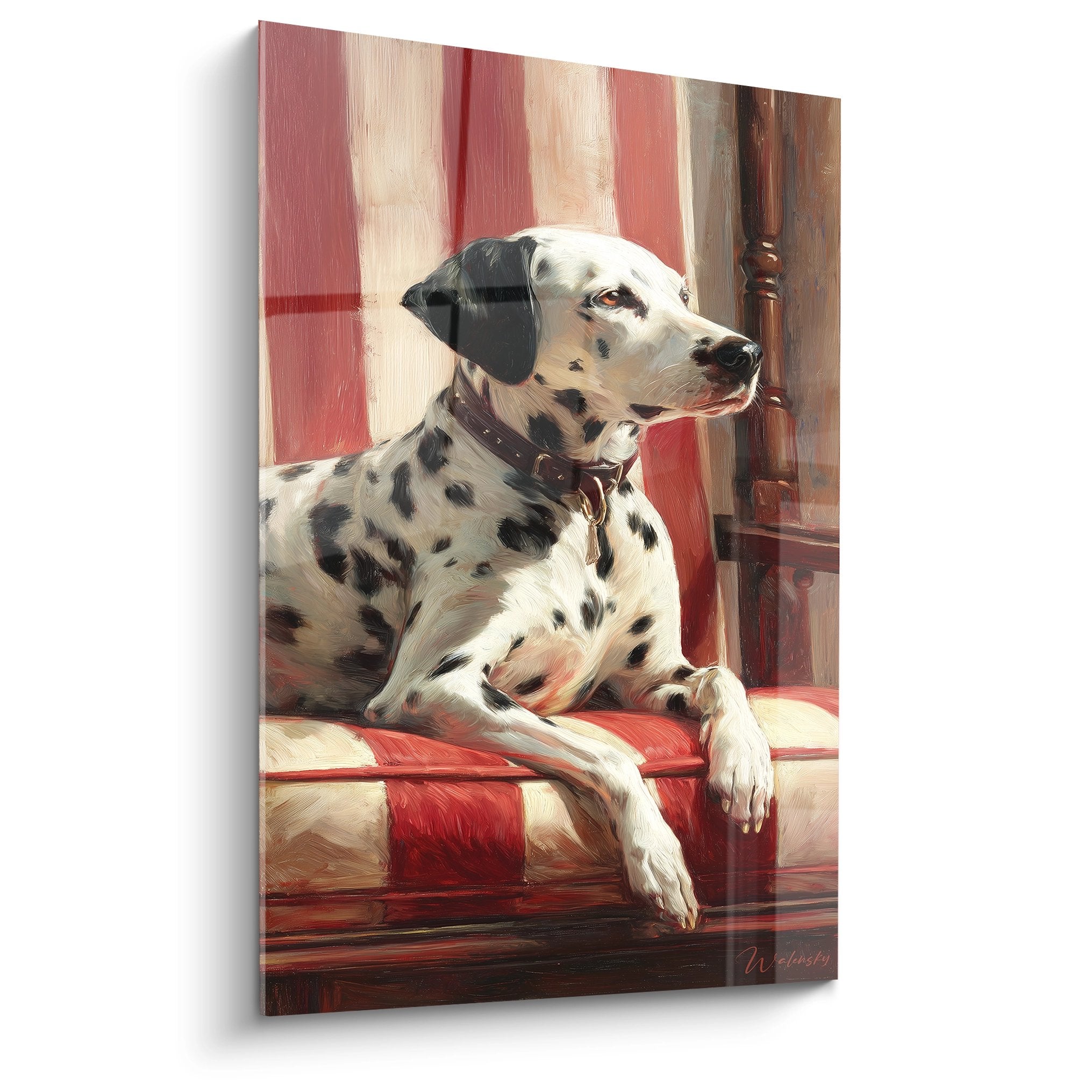 Aristokratisches Dalmatiner-Gemälde auf rot-cremefarbenem Streifensessel mit Lederhalsband, elegantes Porträt