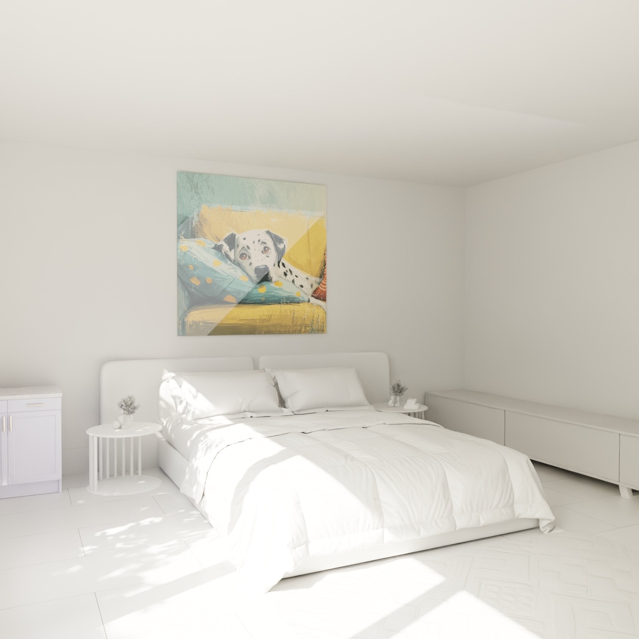 Quadro dalmata riposo cuscino decorazione murale camera atmosfera serena arte canina