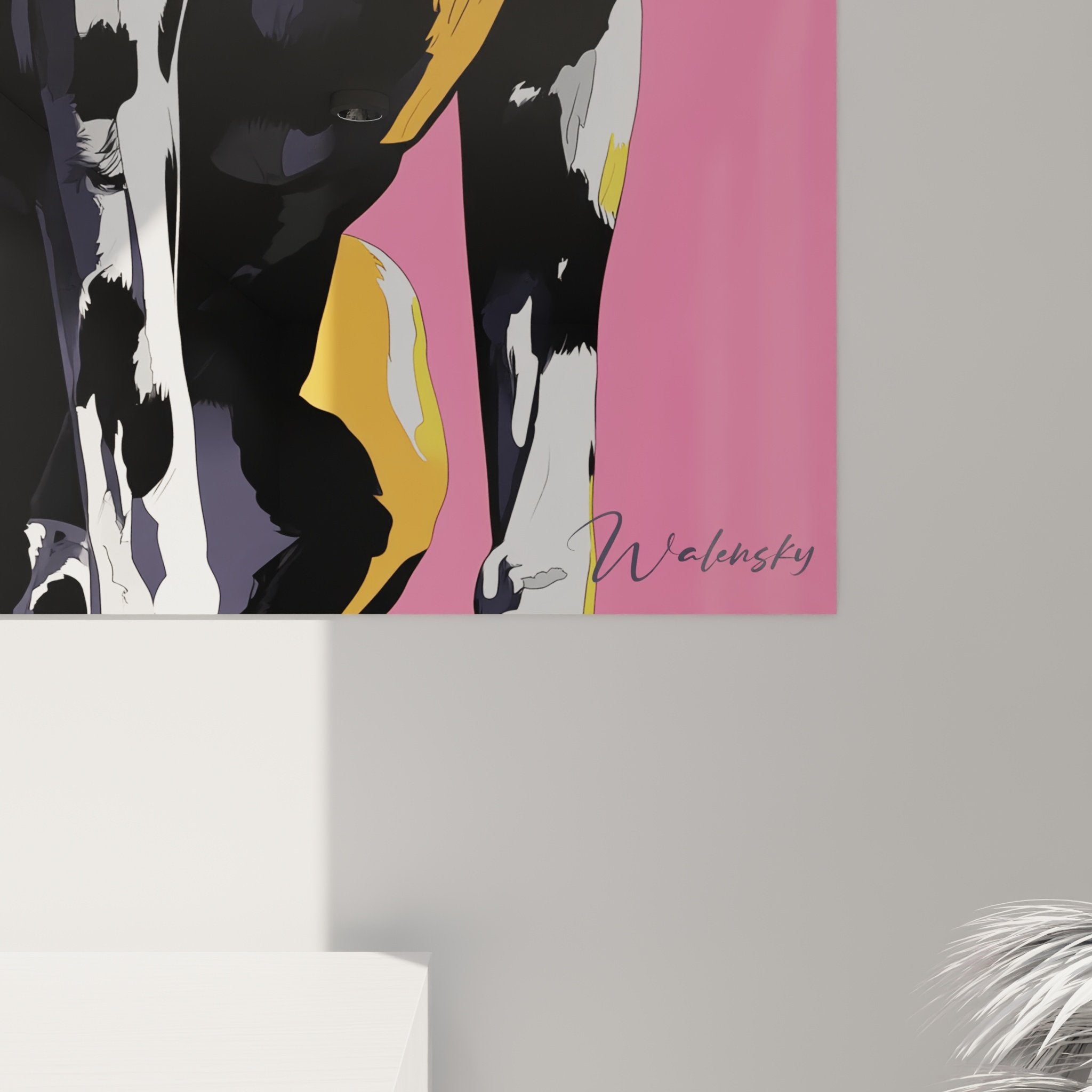 Übersicht modernes Dalmatiner-Gemälde mit rosa Hintergrund in skandinavischem Interieur