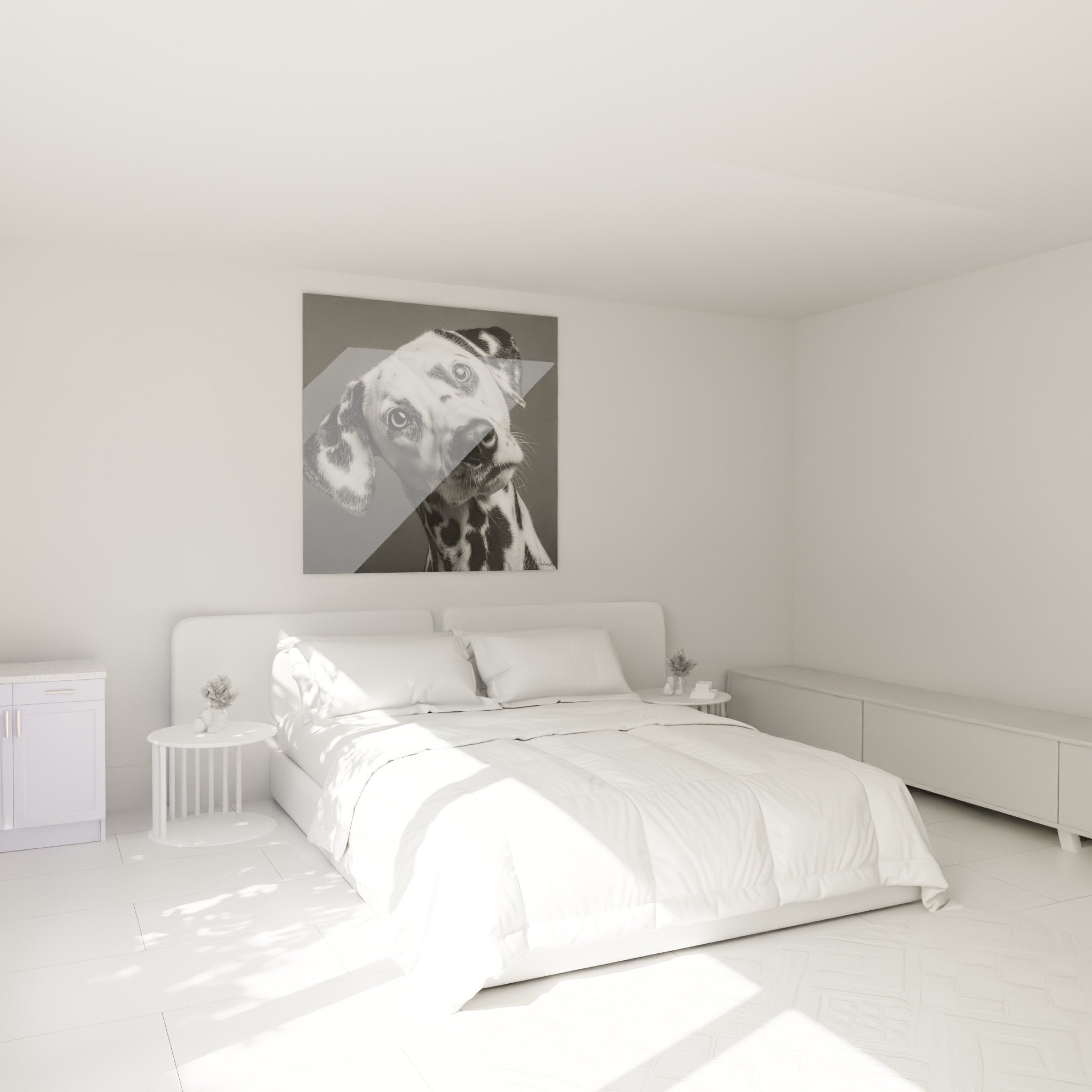 Tableau Dalmatien noir blanc dans chambre moderne - Portrait chien tacheté décoration murale contemporaine