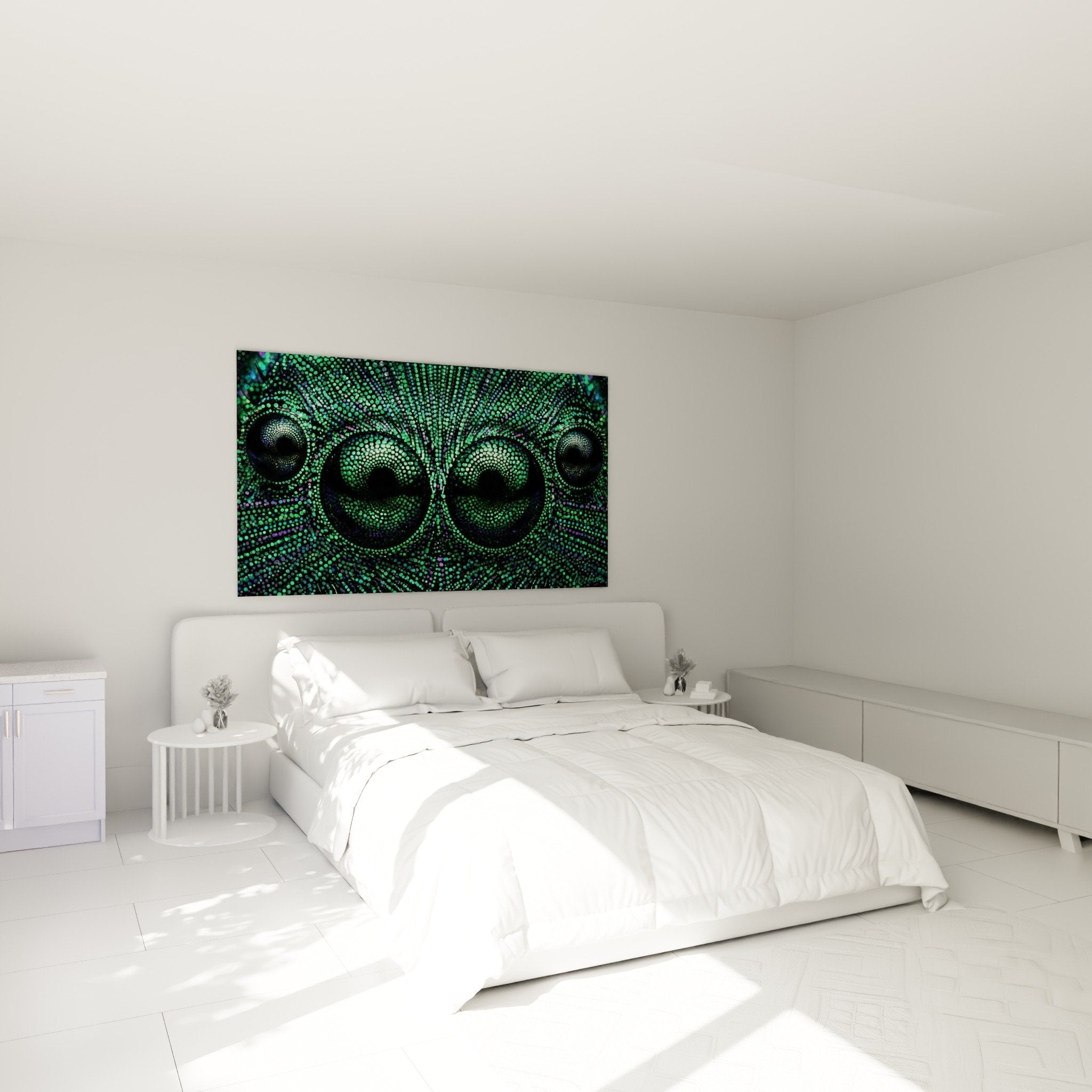 Grüne pointillistische Spinnen-Wanddekoration in modernem Schlafzimmer mit dunklen Wänden und zeitgenössischen Möbeln
