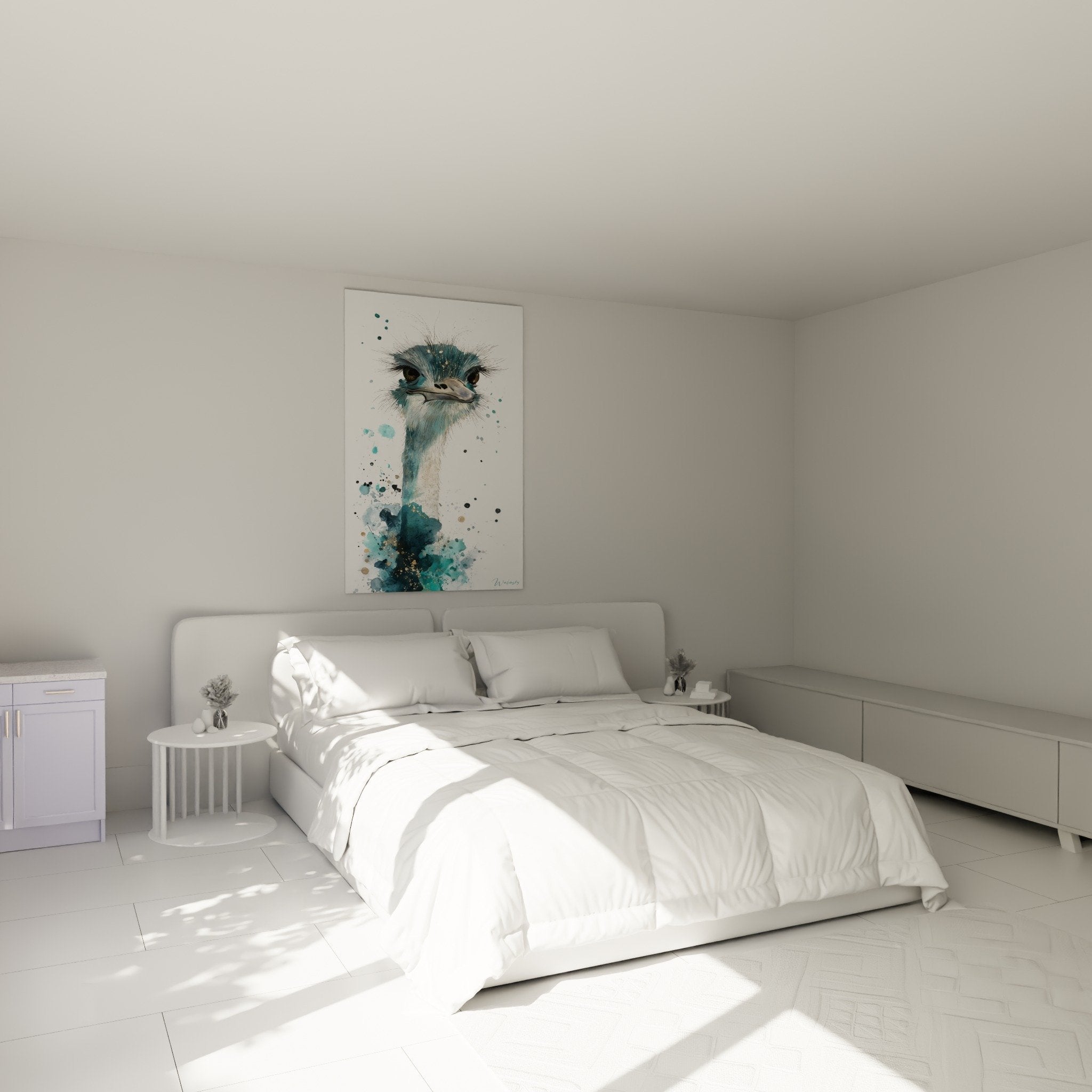 Decoration murale autruche aquarelle bleu turquoise dans chambre moderne mobilier bois clair ambiance zen