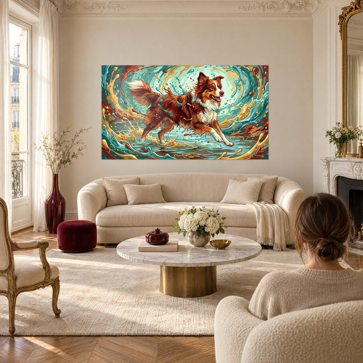 Quadro pastore australiano mogano e bianco che balza nell'acqua turchese e ocra, donna di spalle, sopra un divano in un soggiorno luminoso