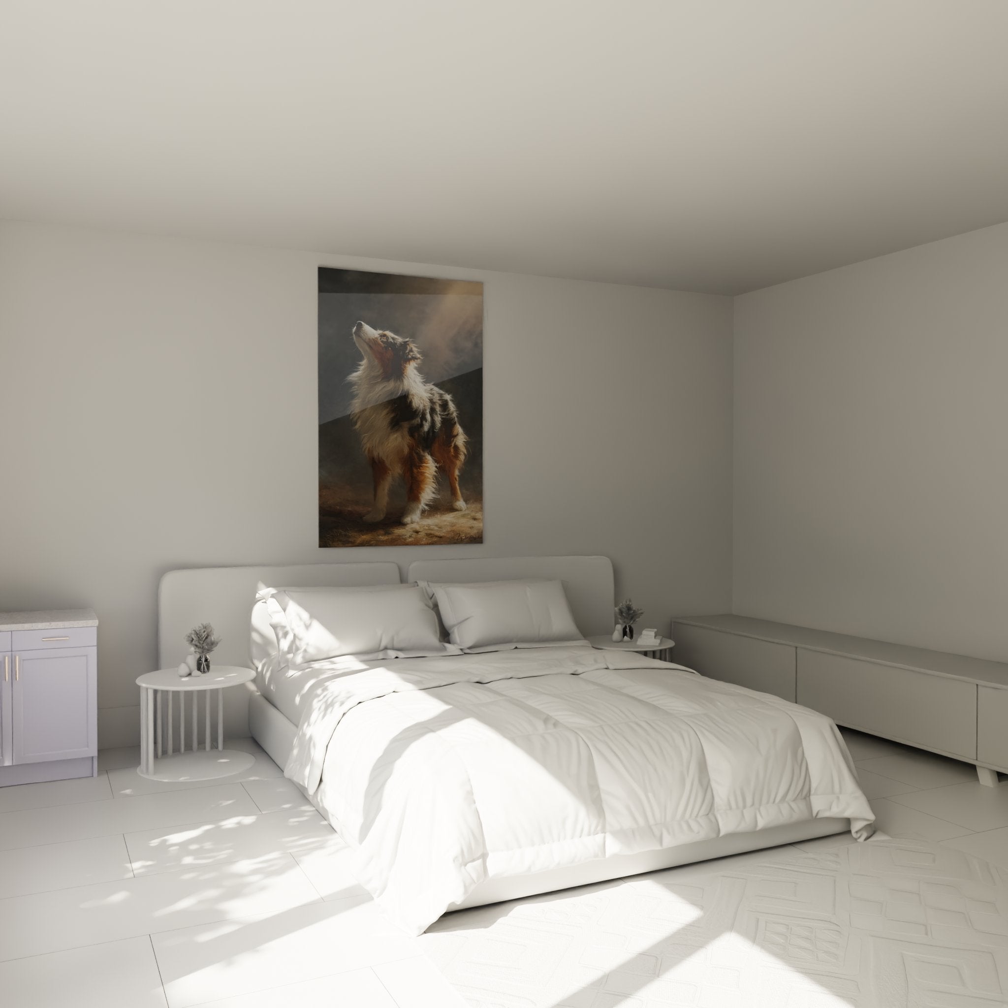 Australian shepherd howling wall decoration in modern bedroom with warm lighting cozy atmosphere