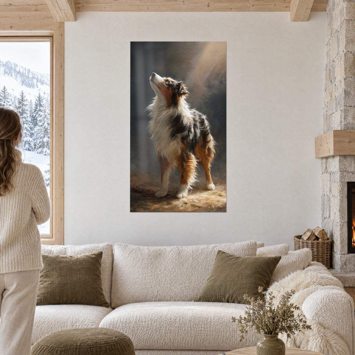 Wall art Australian Shepherd with head raised, white and copper coat, golden light beam, above a sofa in a bright living room