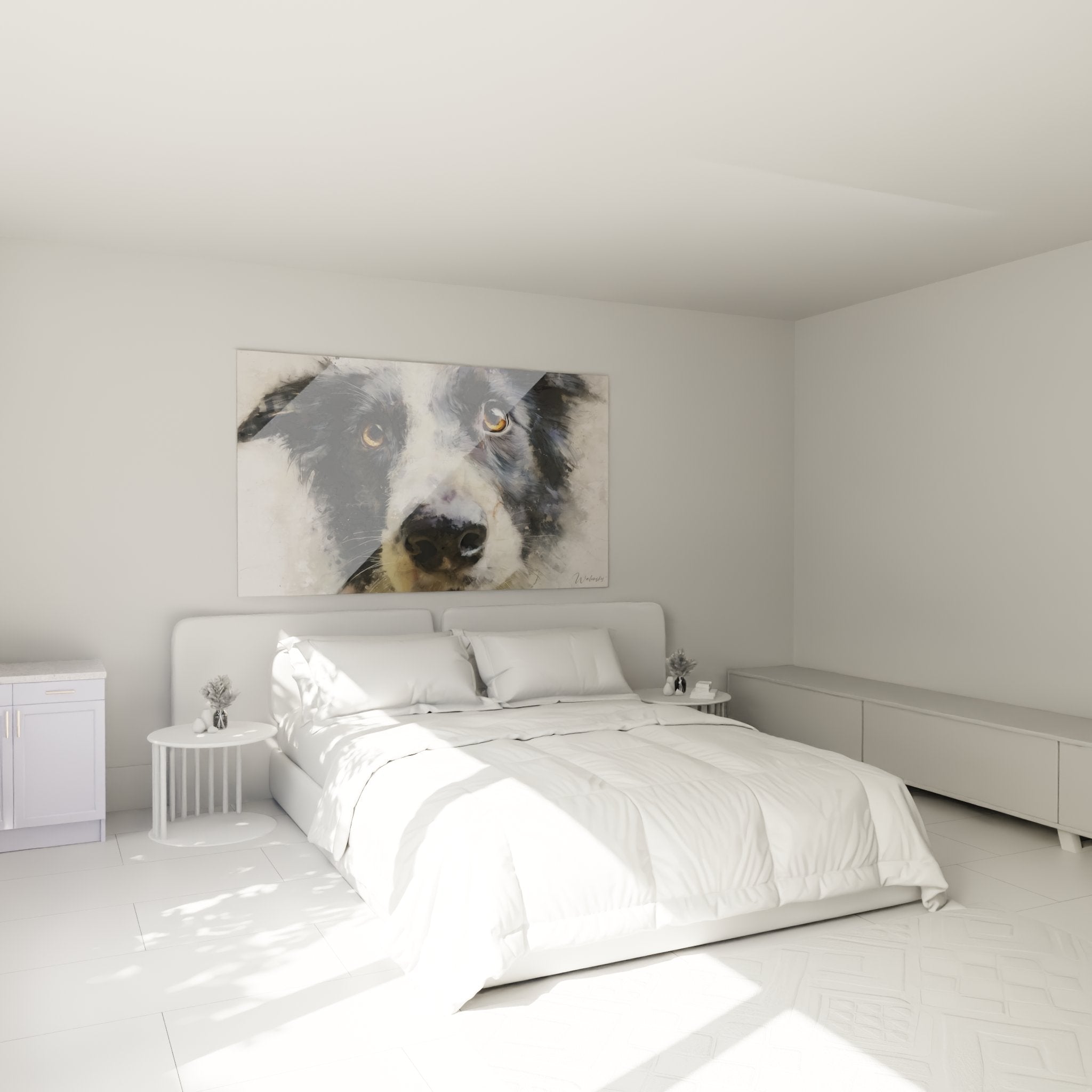 Decoration murale border collie chambre moderne tableau art animalier yeux ambre ambiance cosy contemporaine