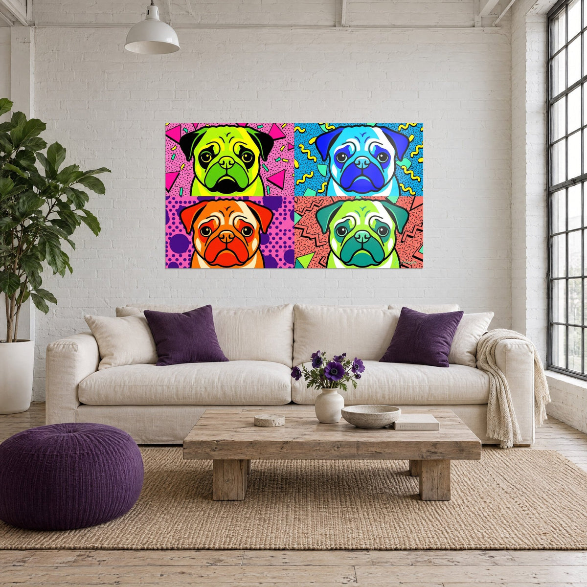 Πίνακας pop art με τέσσερις παγκ σε λαχανί, μπλε κόμπαλτ, πορτοκαλί και τιρκουάζ, πάνω από έναν καναπέ σε ένα φωτεινό σαλόνι