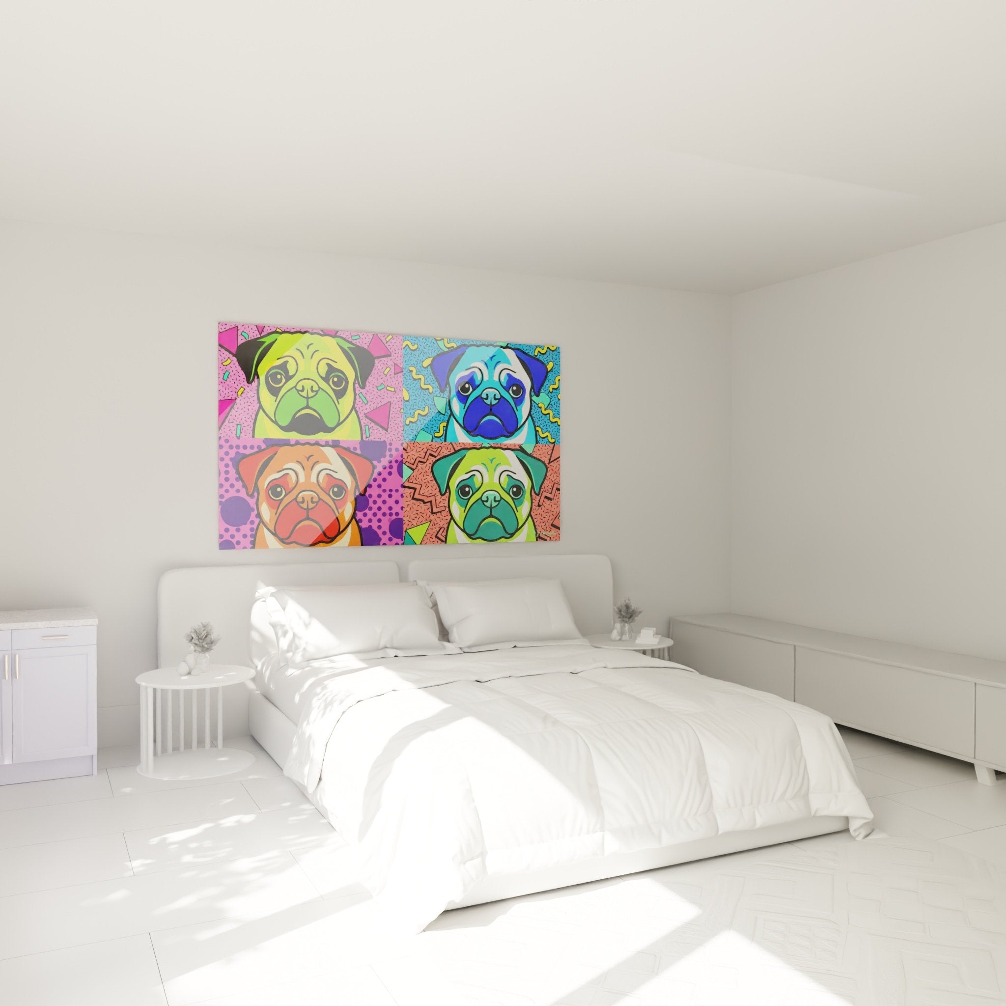 Wanddekoration Mops Pop Art mehrfarbig in modernem Schlafzimmer an weißer Wand
