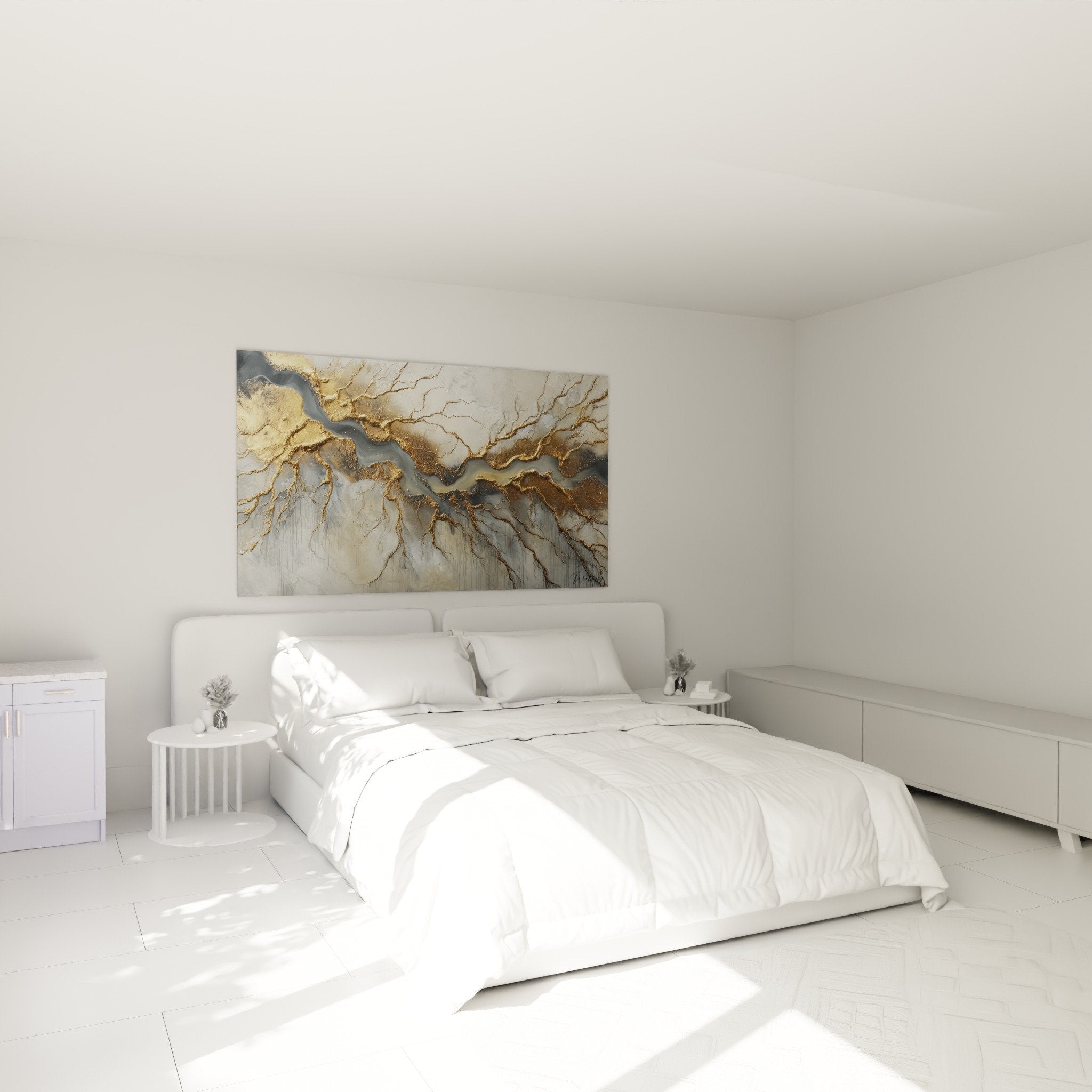 decoration murale abstraite doree gris dans chambre ambiance zen feng shui nord est terre