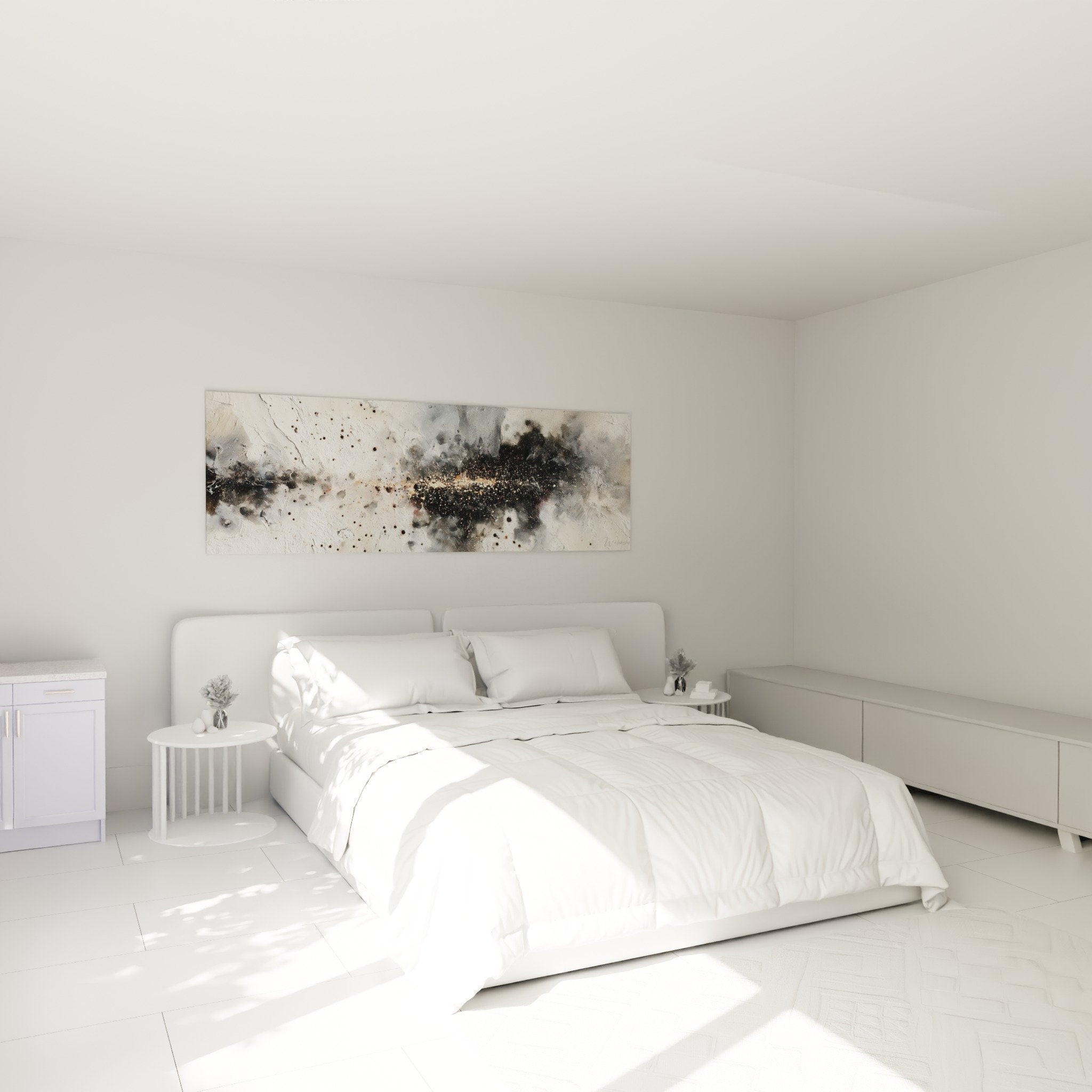 Decoration chambre tableau abstrait gris noir blanc avec particules dorees ambiance zen moderne