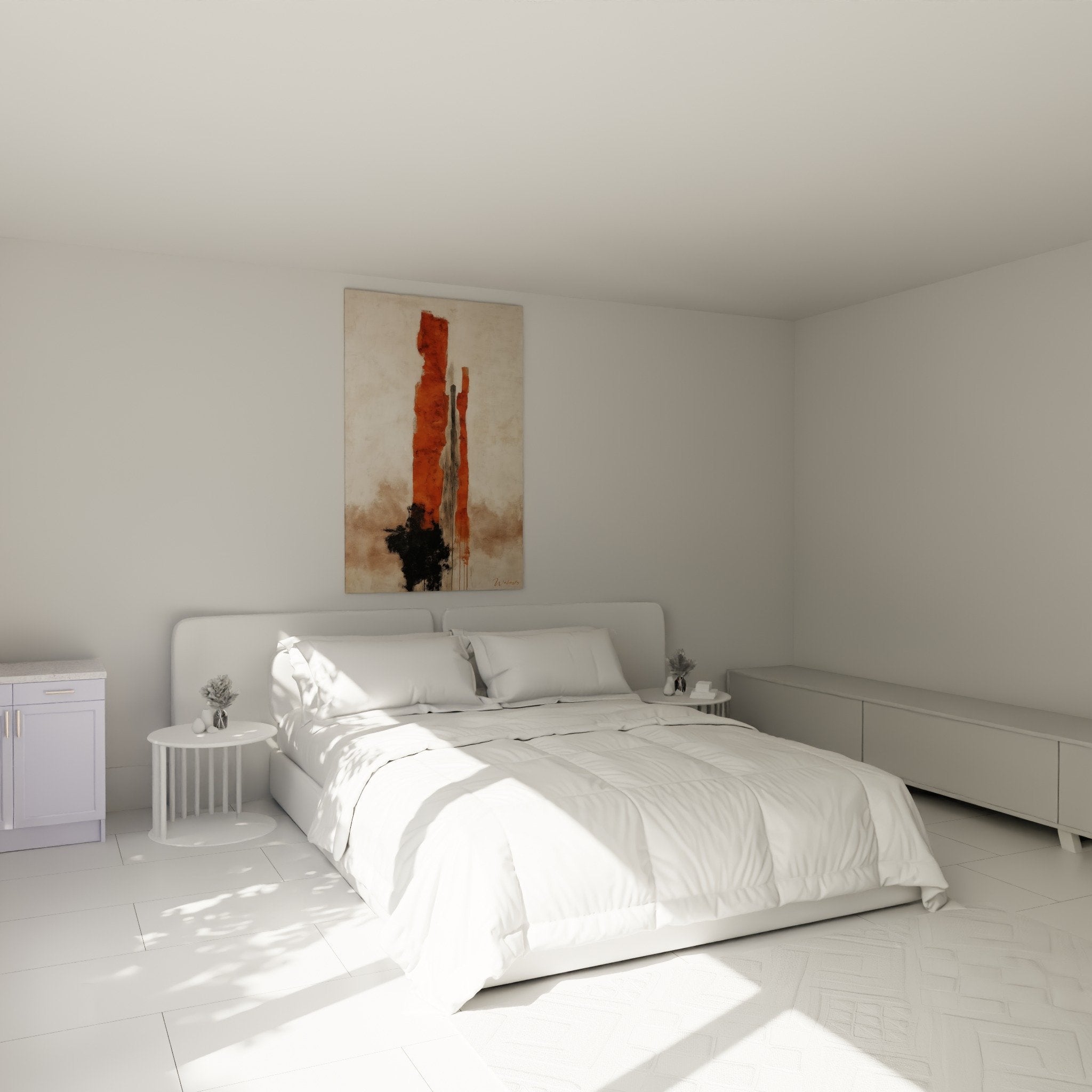 Decoration murale abstraite tons terreux ocre dans chambre ambiance zen feng shui centre terre