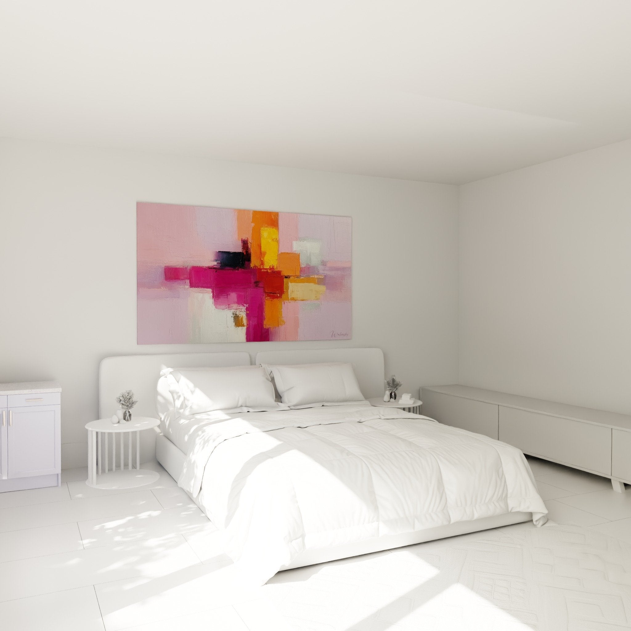Decoration chambre tableau abstrait rose orange ambiance feng shui sud-ouest terre apaisante