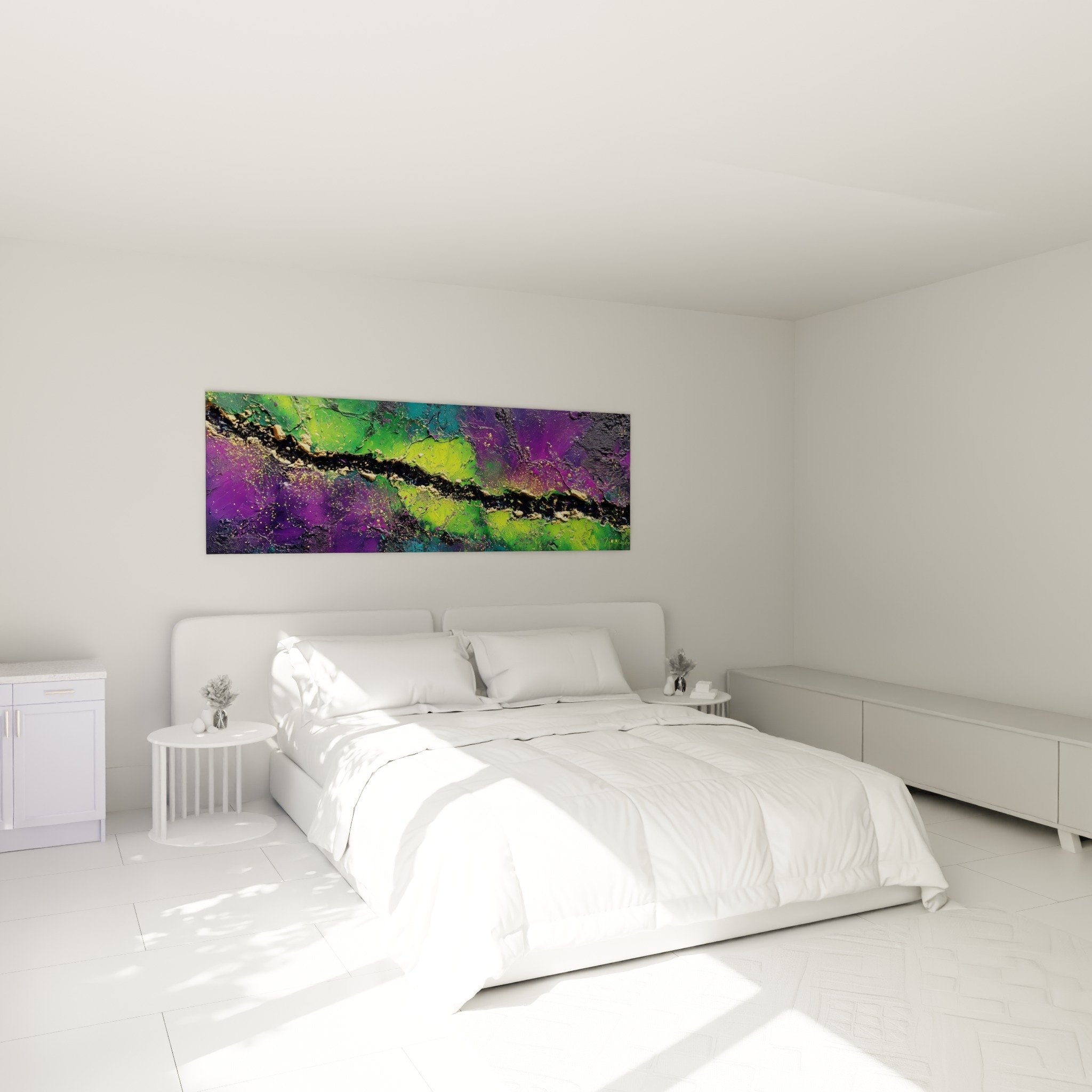 Decoration murale abstraite violet vert dans chambre moderne feng shui sud-est bois