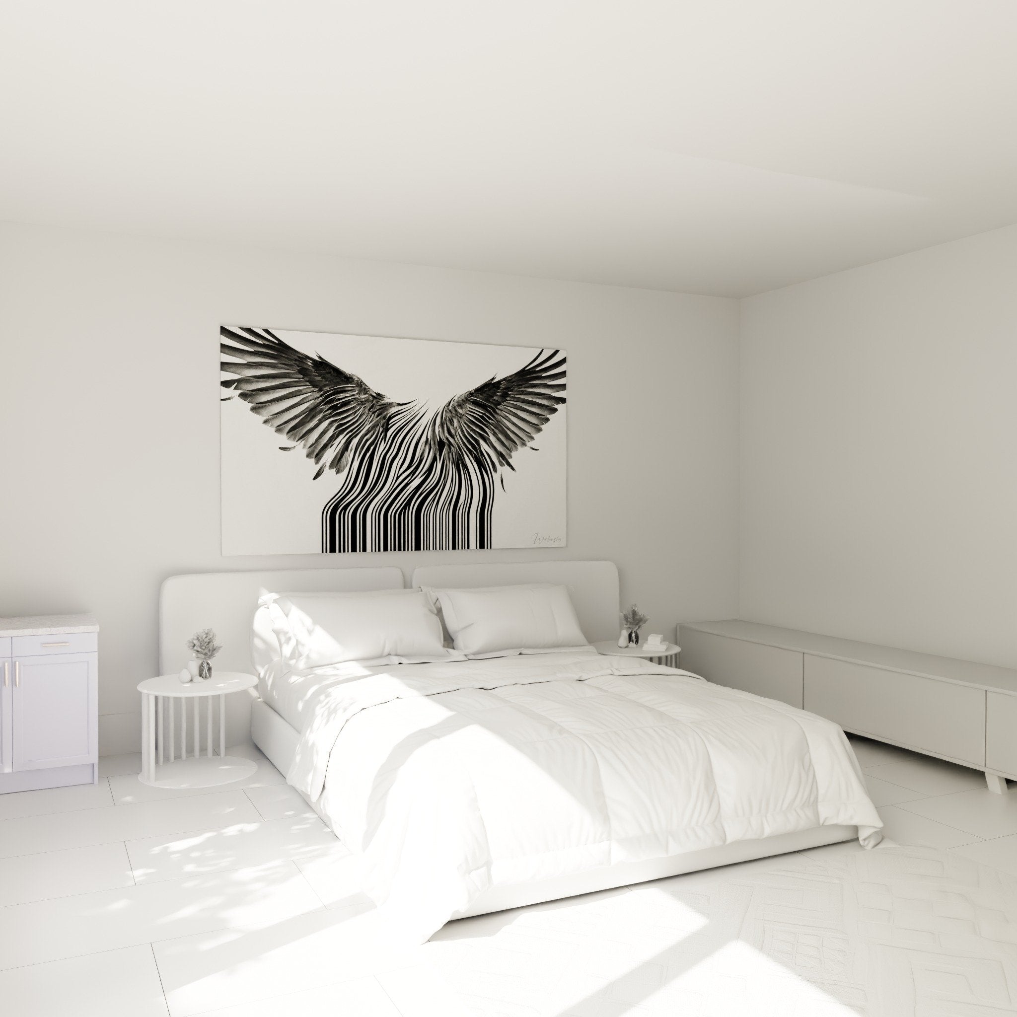 decoration murale chambre ailes oiseau codes barres noir blanc ambiance moderne minimaliste