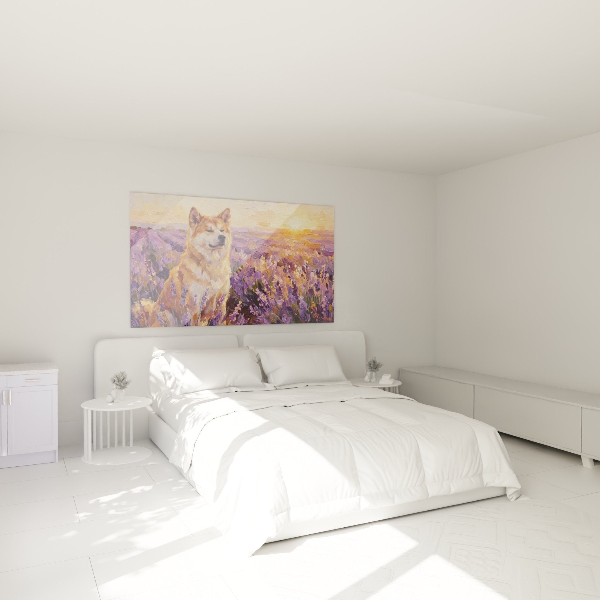 Decoration murale chambre Akita Inu lavande ambiance zen relaxante couleurs violettes dorees apaisantes