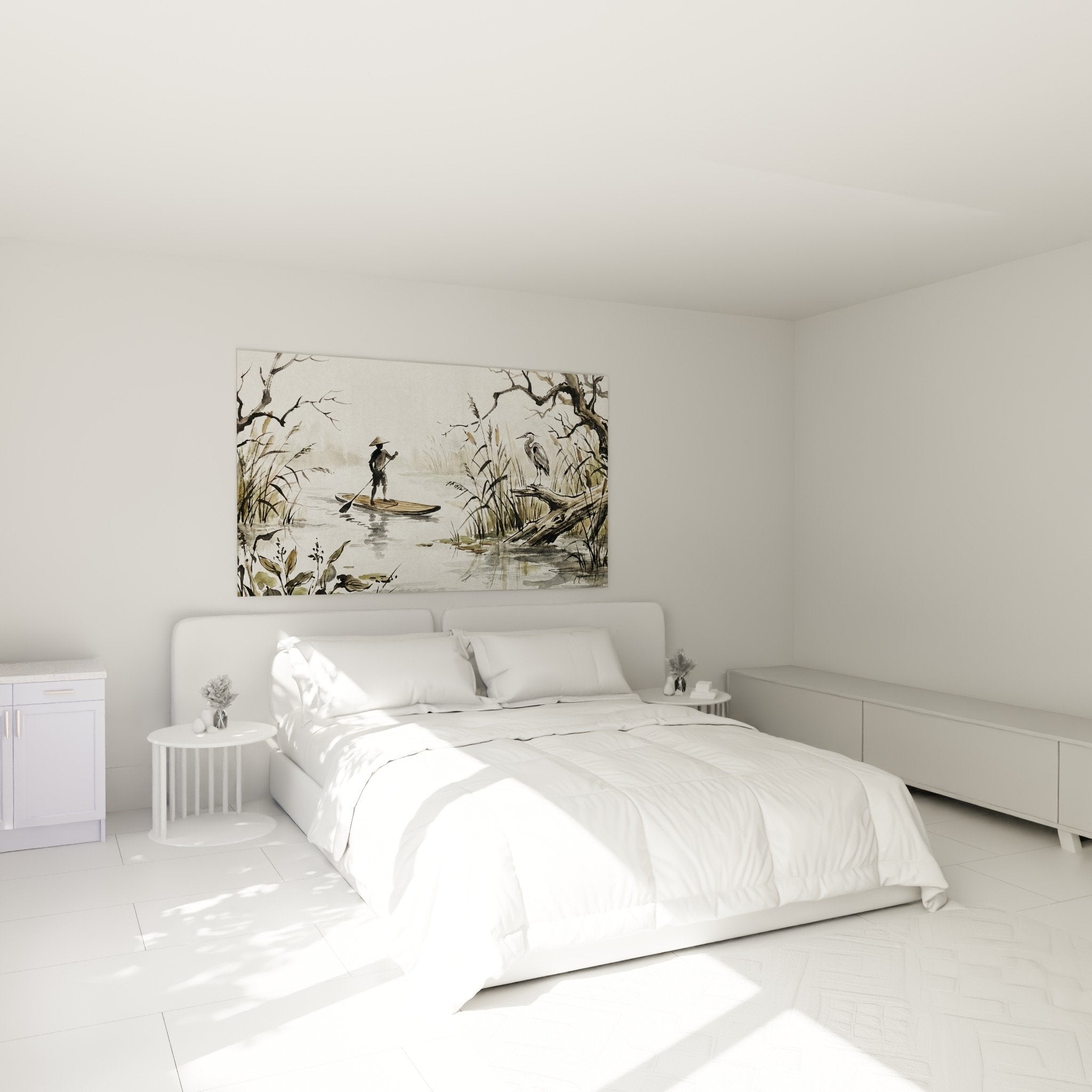 Decoration murale aquarelle navigation pagaie ambiance zen chambre tons beiges sepia paddle