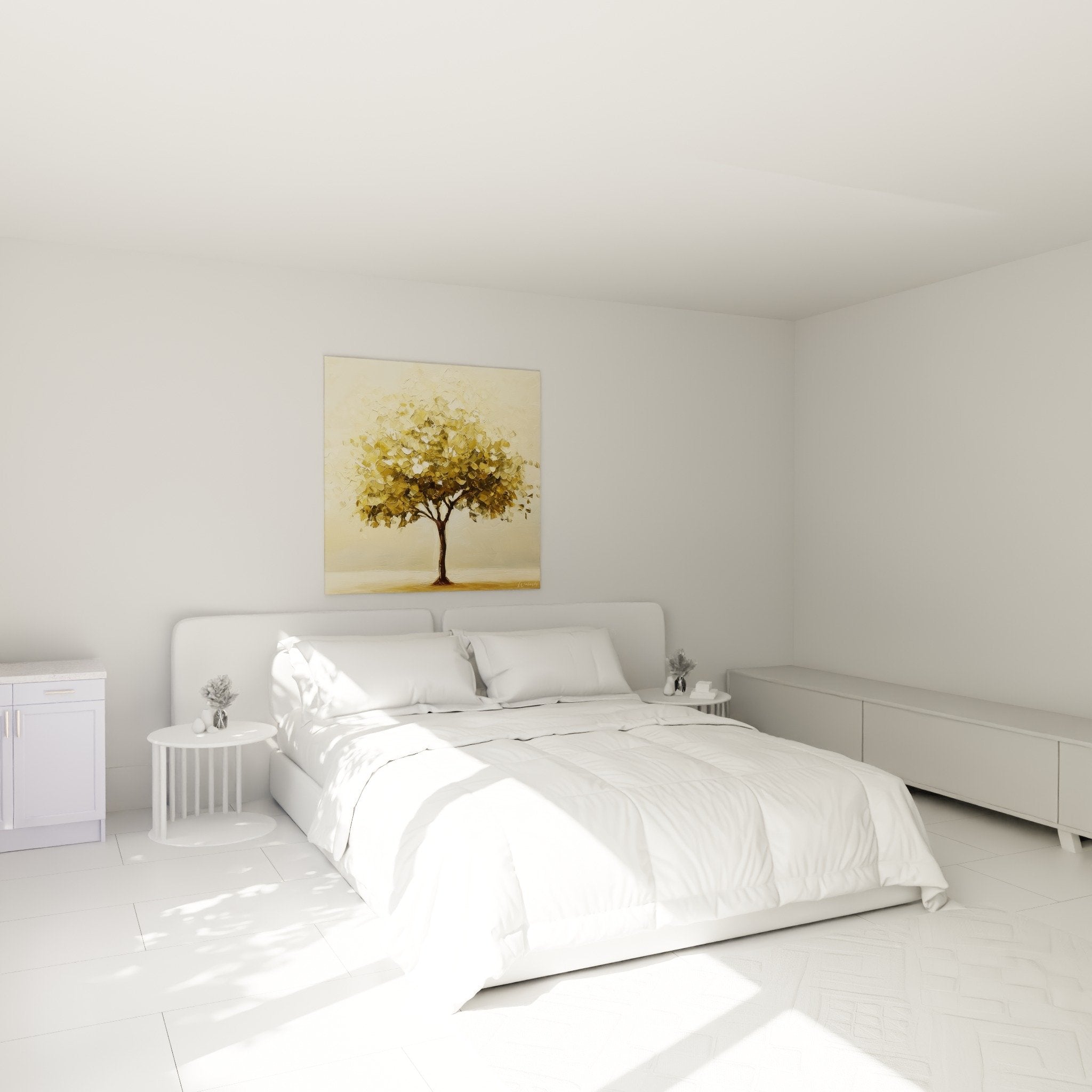 Decoration murale arbre de vie dore dans chambre ambiance zen et apaisante tons chauds