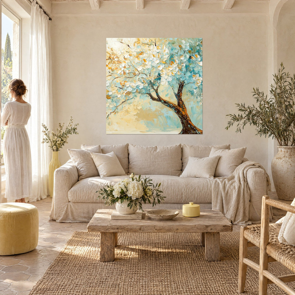 Tableau arbre en fleurs turquoise et ivoire, tronc brun et pétales dorés en pâte épaisse, au-dessus d'un canapé dans un salon lumineux