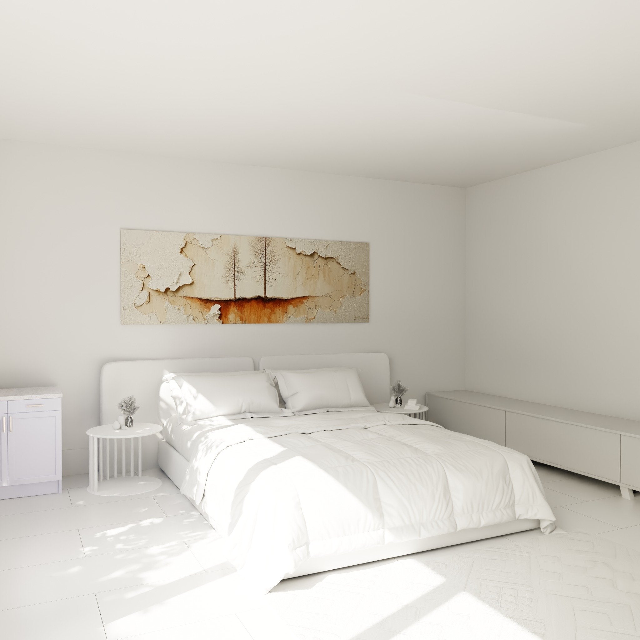 decoration murale chambre arbres texture craquele tons beiges naturels ambiance zen feng shui nord est terre
