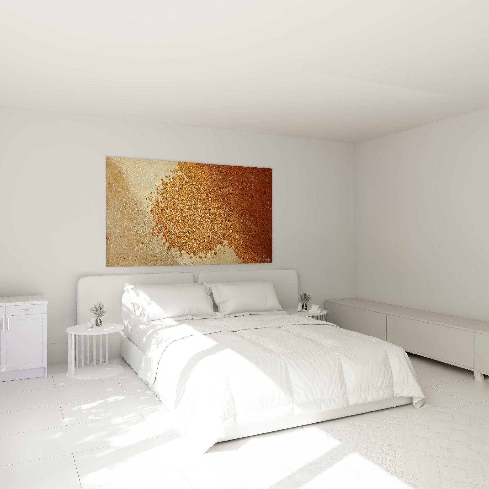 Decoration chambre avec tableau art islamique dore et beige motifs geometriques sacres