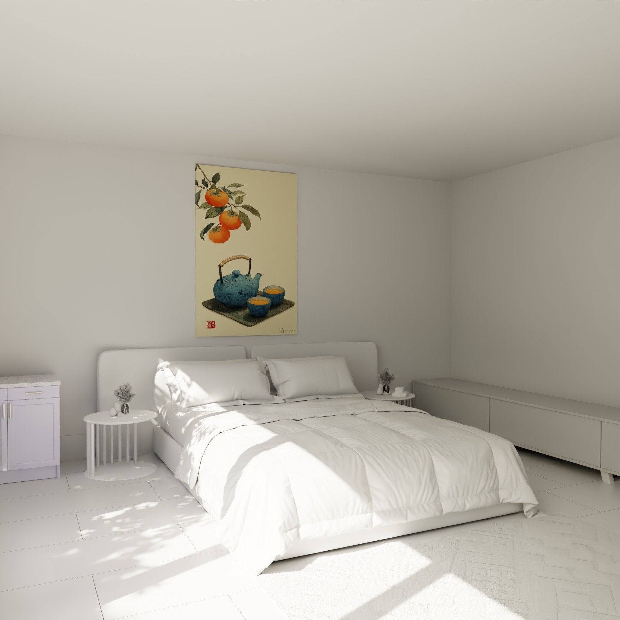 Tableau fruits asiatiques et théière bleue décorant chambre zen aux tons naturels et mobilier bois