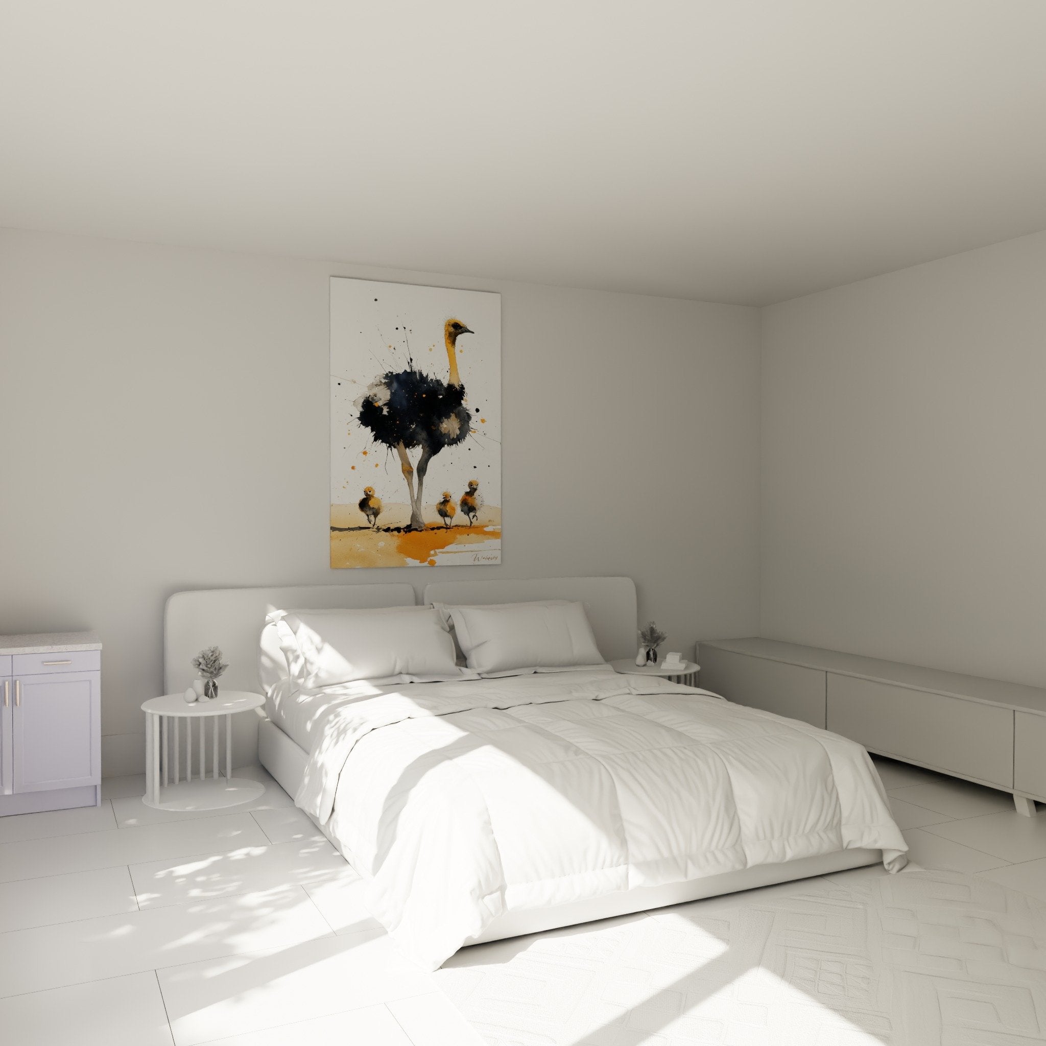 Décoration chambre tableau autruche famille aquarelle style contemporain mur blanc