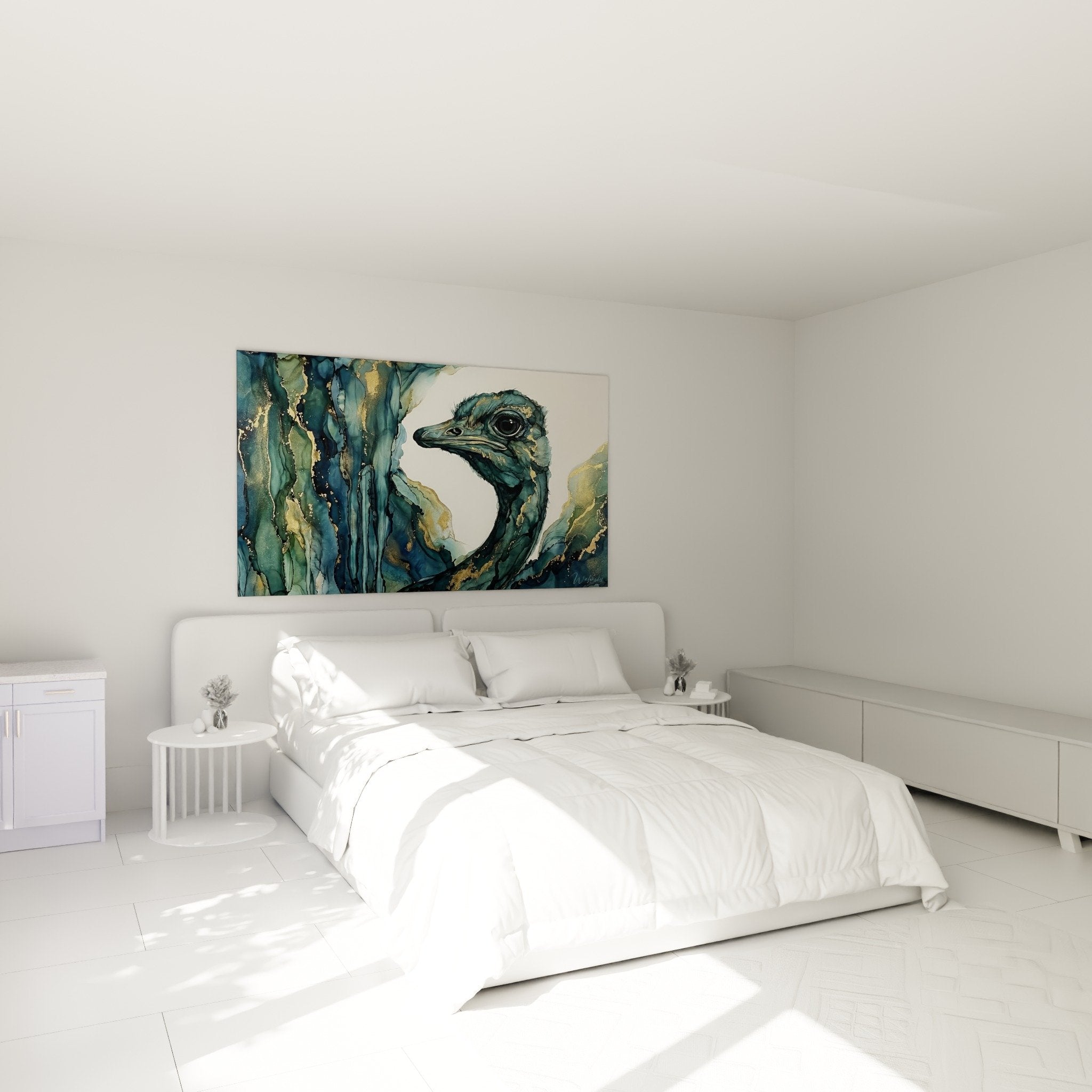 Décoration chambre tableau autruche bleu-vert fluides dorés art mural contemporain