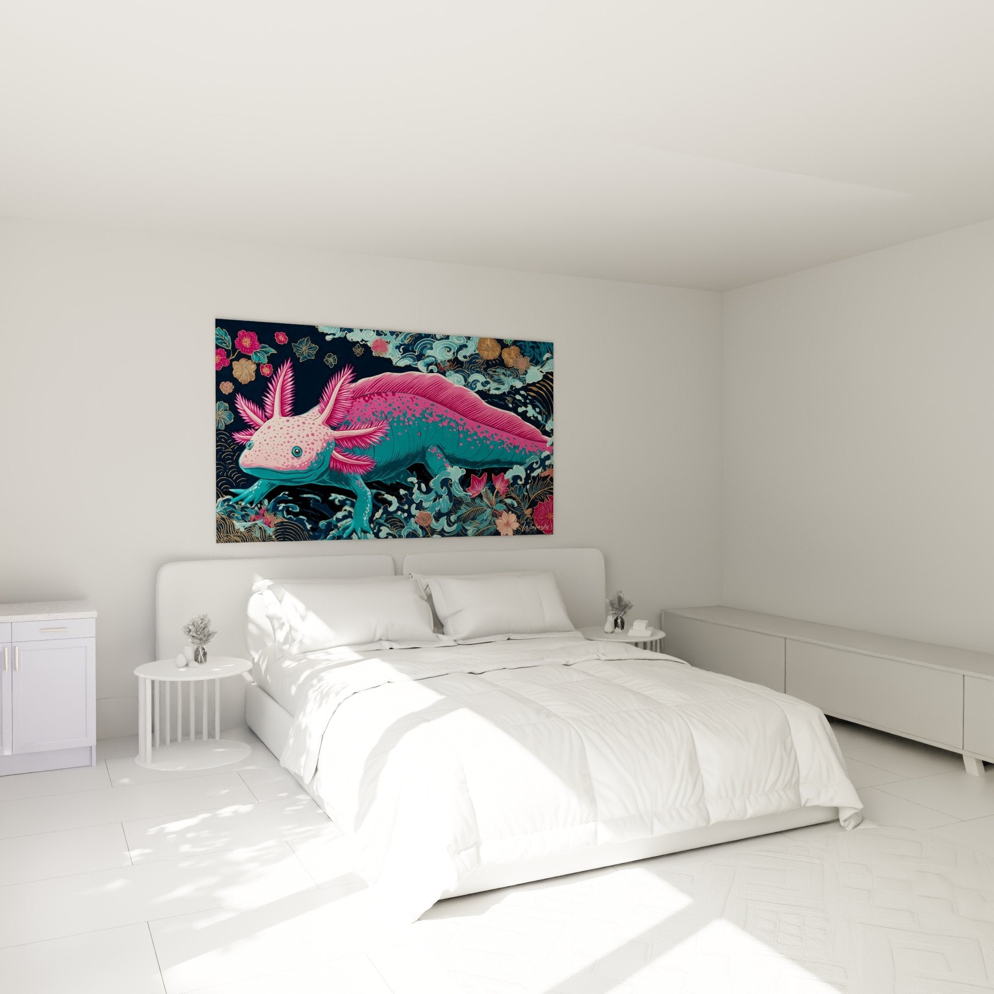 Décoration murale axolotl fantastique tons roses dans chambre moderne avec ambiance aquatique zen