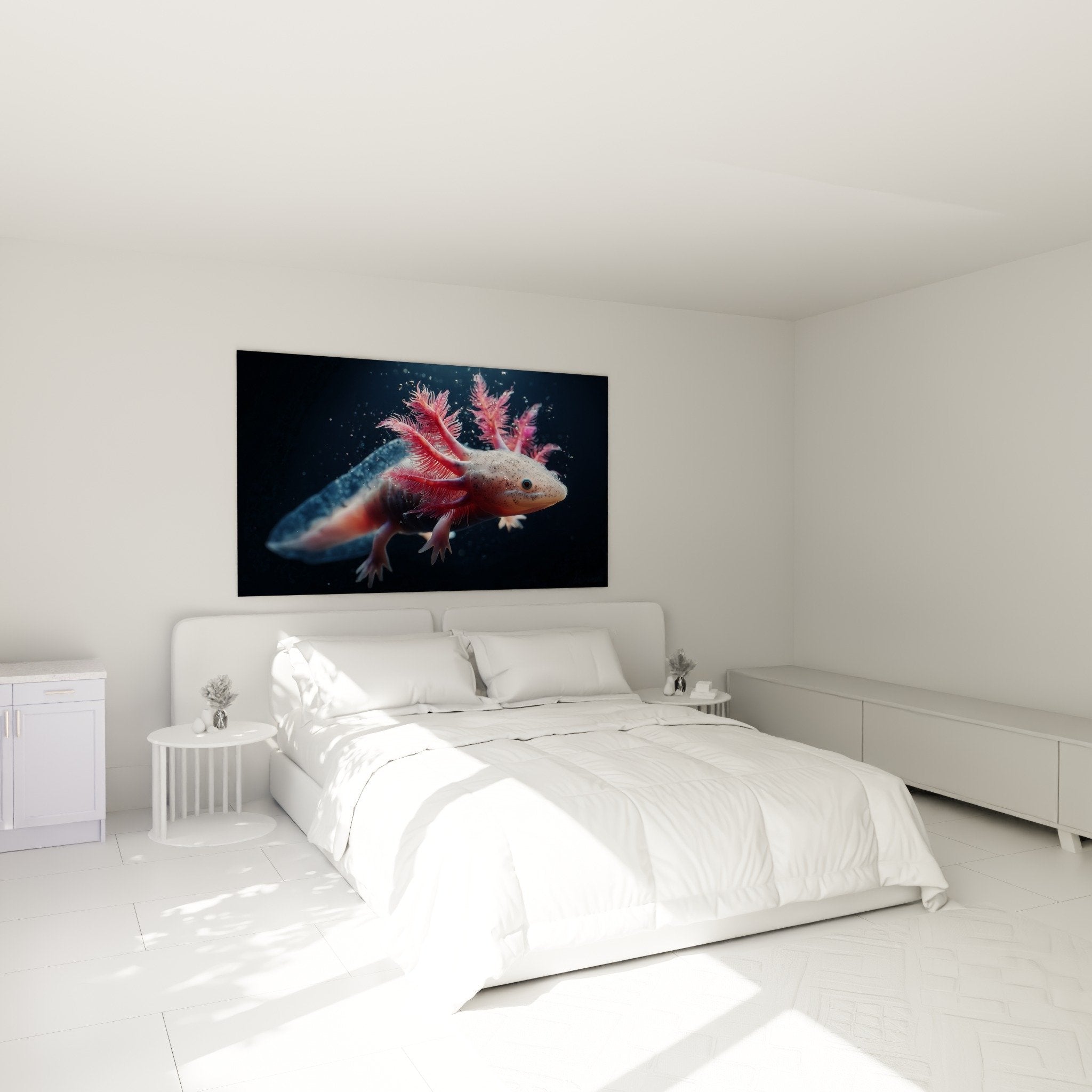 Tableau axolotl branchies roses decorant chambre moderne mur bleu ambiance apaisante