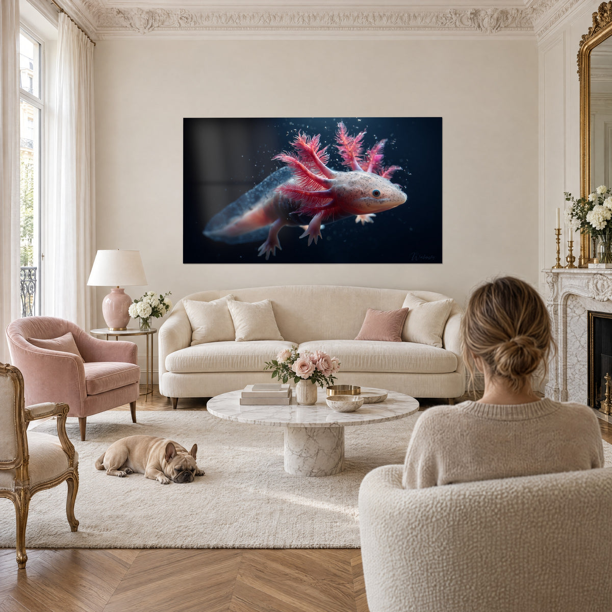 Gemälde Salamander in blassem Rosa mit leuchtend scharlachroten Kiemenbüscheln vor nachtblauem Hintergrund, über einem Sofa in einem hellen Wohnzimmer