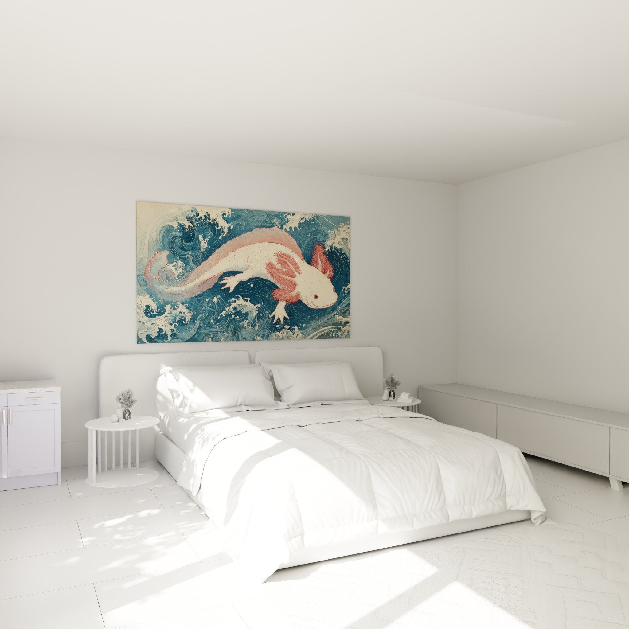 Décoration chambre avec tableau axolotl rose dans vagues japonaises bleues ambiance zen et apaisante
