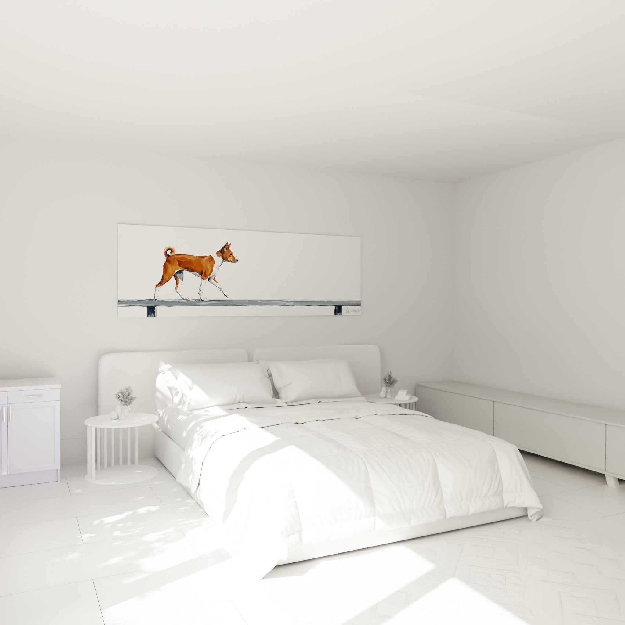 Decoration murale chambre avec Basenji en mouvement art canin moderne tons roux et blanc