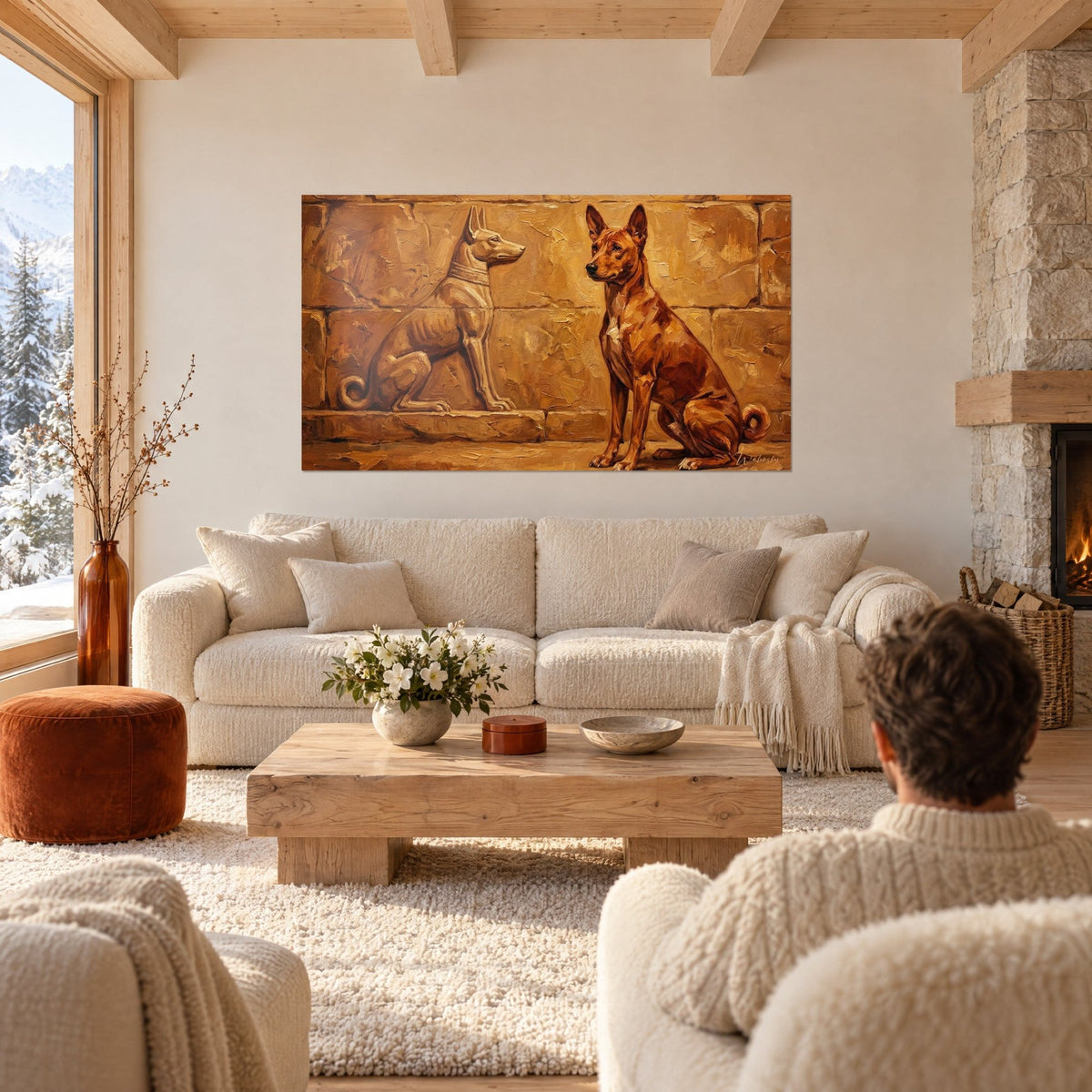 Gemälde mit einem sitzenden rotbraunen Basenji vor einem antiken Flachrelief in goldenem Ocker, zwei Personen von hinten, über einem Sofa in einem hellen Wohnzimmer