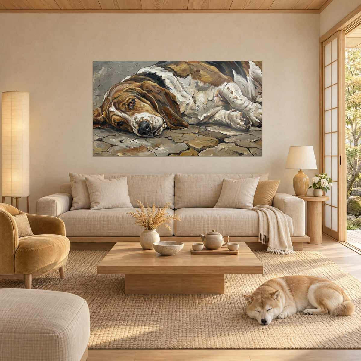 Cuadro basset hound dormido de orejas marrones y pelaje blanco y ocre, un shiba acurrucado debajo, encima de un sofá en un salón luminoso