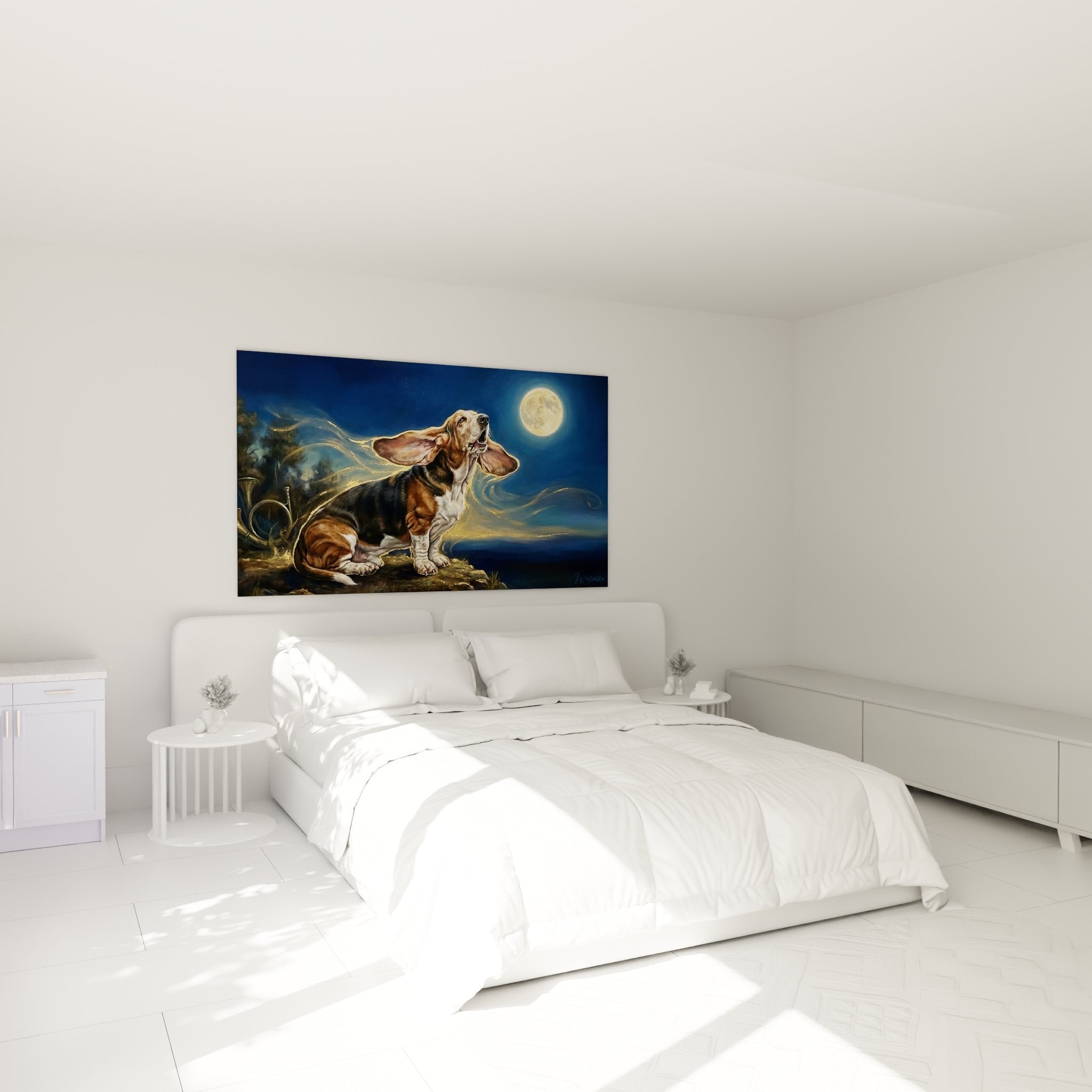 Decoration chambre avec tableau basset hound nocturne au clair de lune ambiance apaisante bleue doree