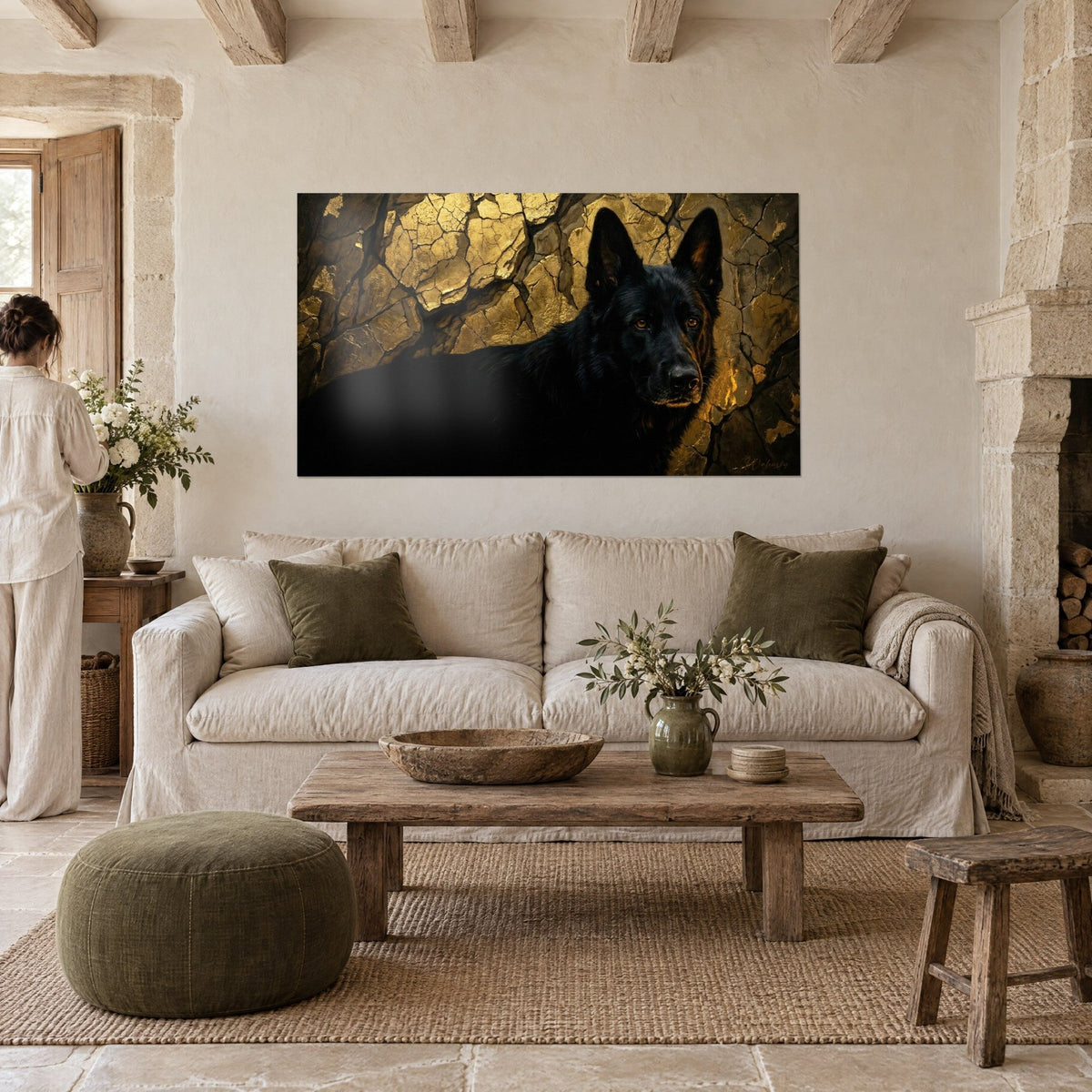 Gemälde eines schwarzen Hirtenhundes mit bernsteinfarbenen Augen auf rissigem Gold und dunklem Braun, über einem Sofa in einem hellen Wohnzimmer