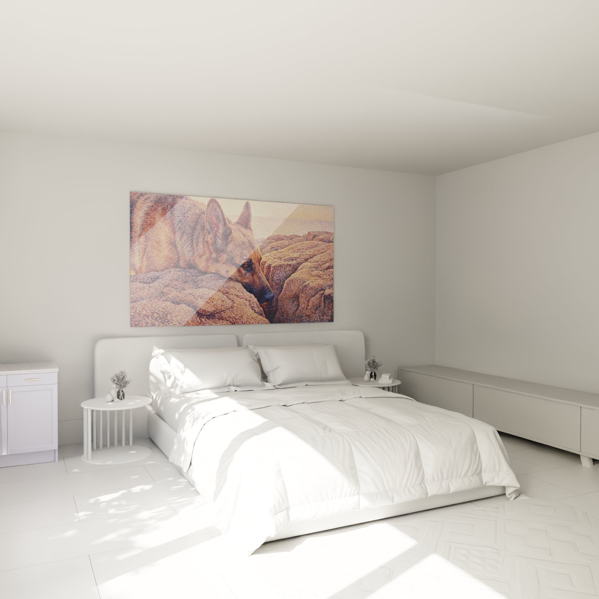 decorazione camera quadro pastore tedesco rame atmosfera accogliente naturale toni caldi dorati