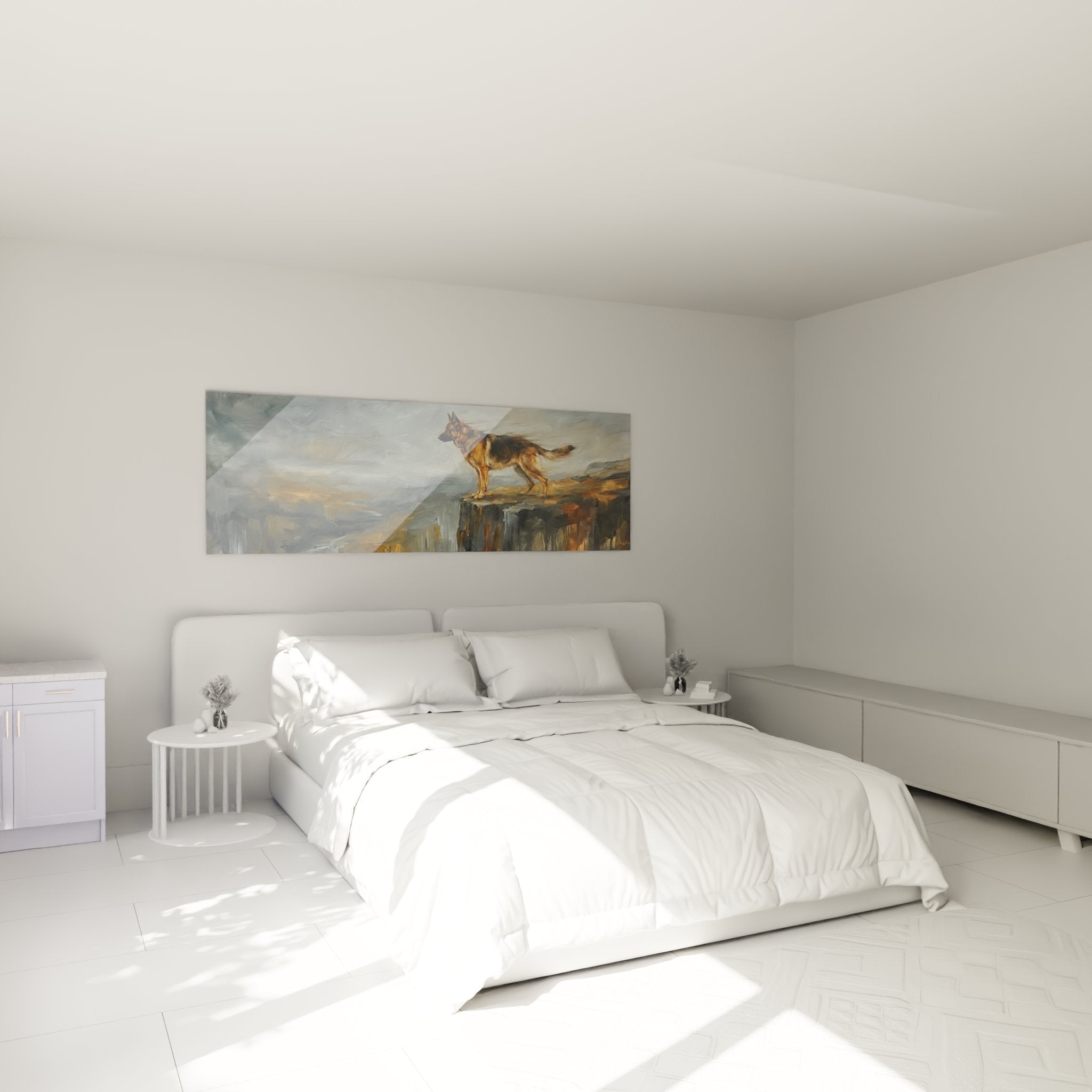 Tableau berger allemand sur falaise décorant chambre ambiance naturelle tons chauds