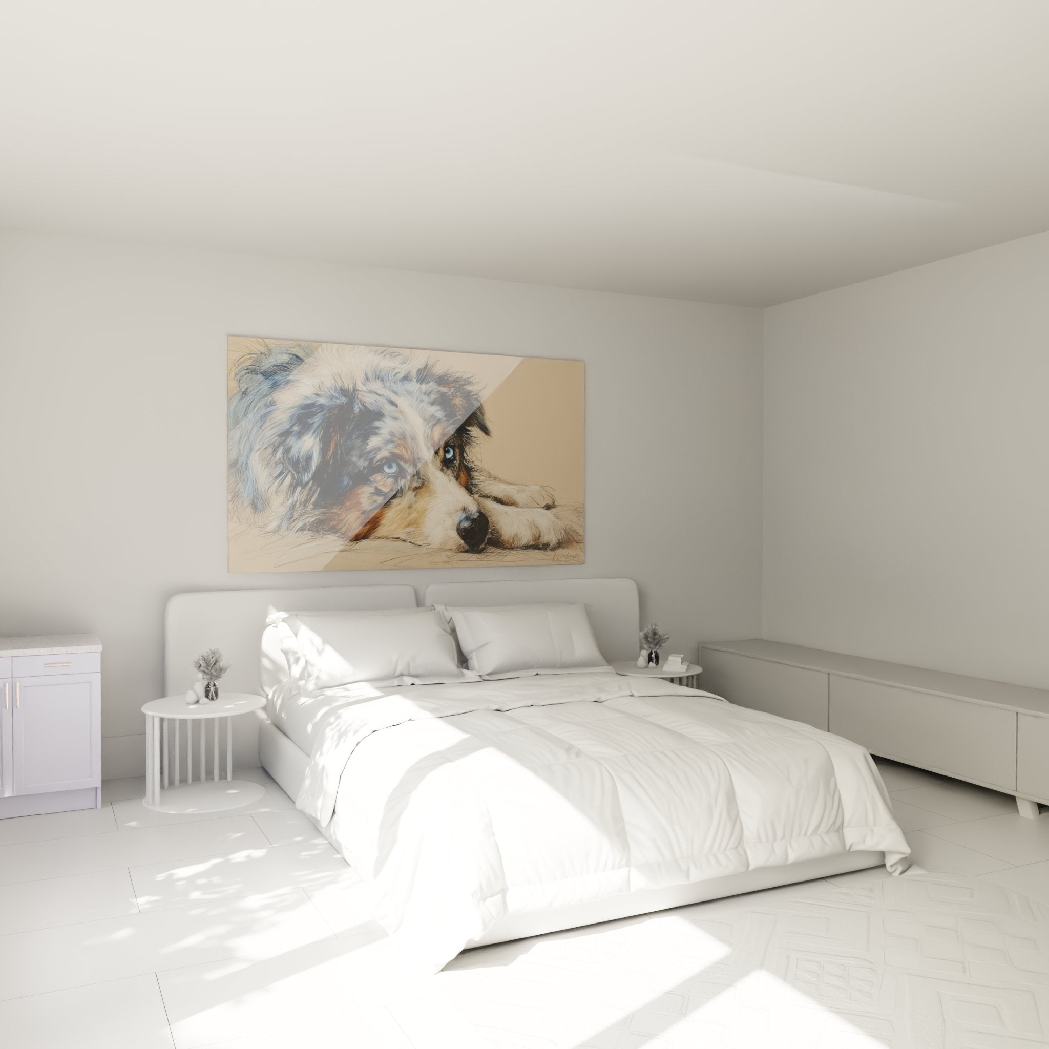 Australian shepherd blue eyes bedroom wall art warm atmosphere beige wall decor