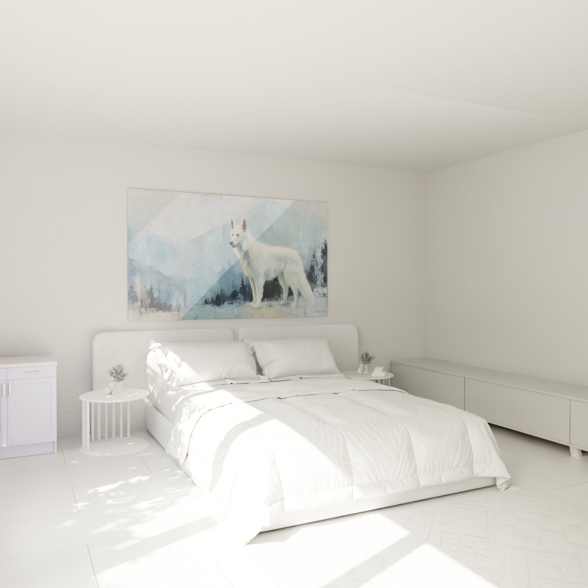 Tableau Berger Blanc Suisse paysage neige décorant élégamment une chambre moderne aux tons doux