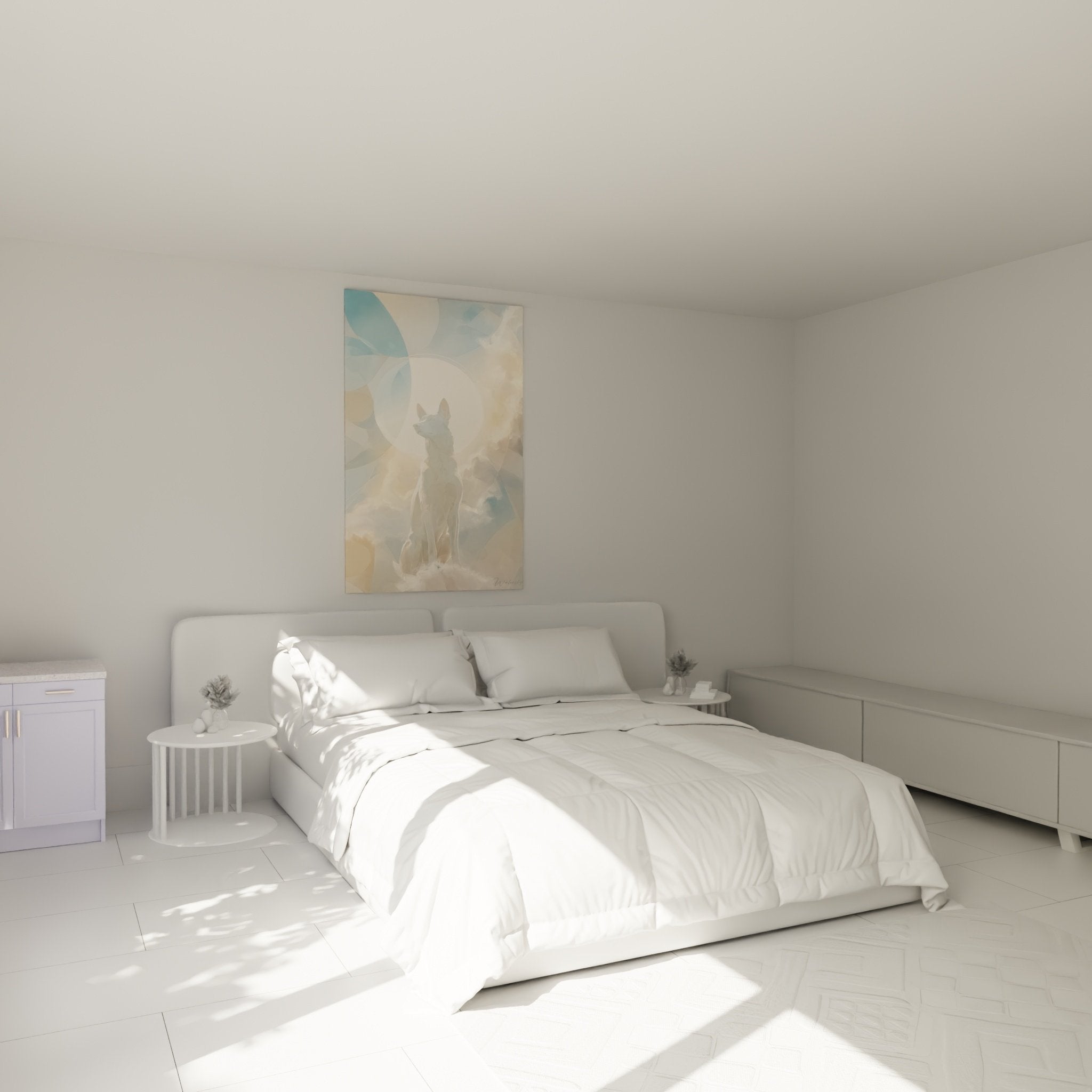 Décoration chambre avec tableau Berger Blanc Suisse tons poudrés, ambiance apaisante et zen