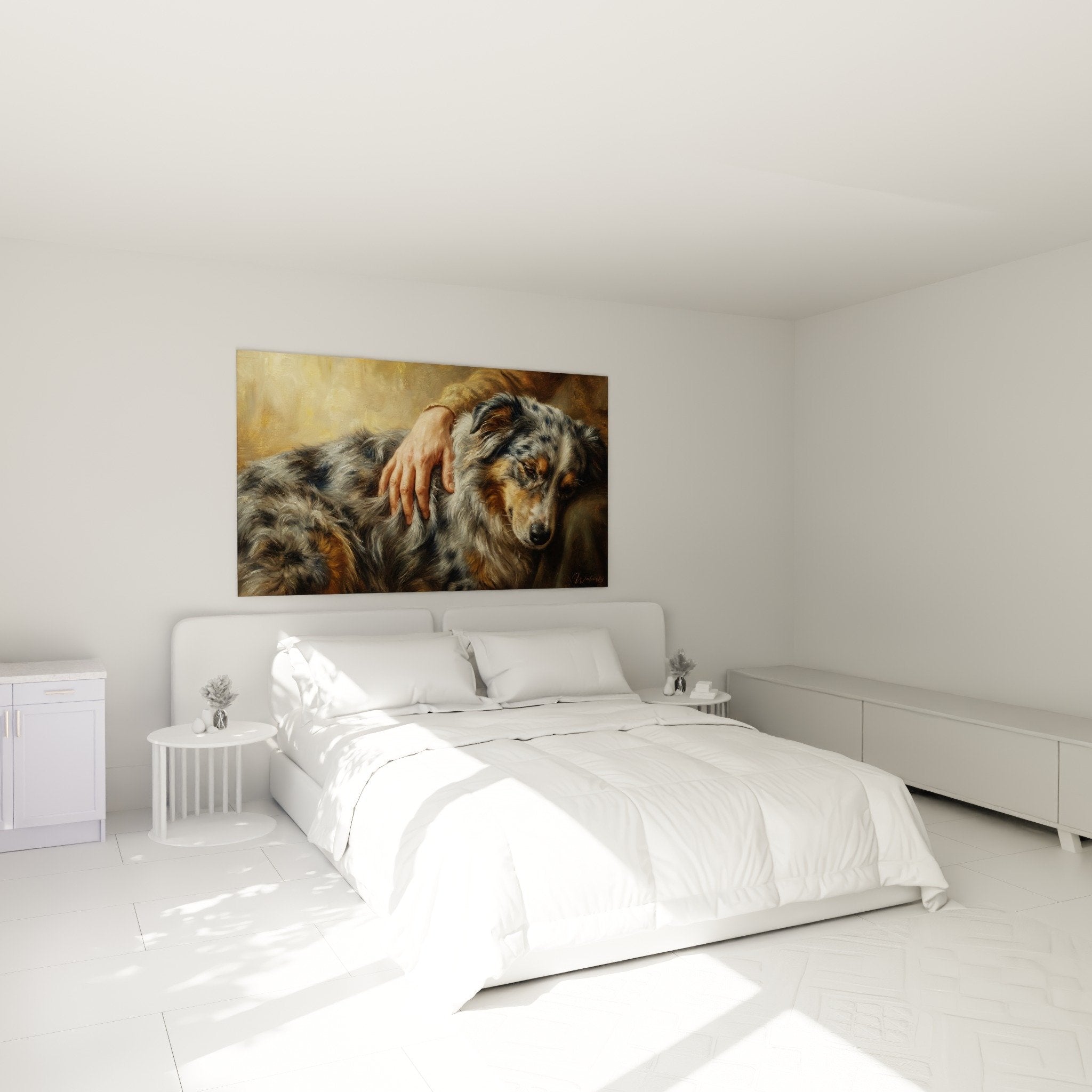Decoration chambre tableau chien berger merle bleu tons cuivres ambiance apaisante cocooning