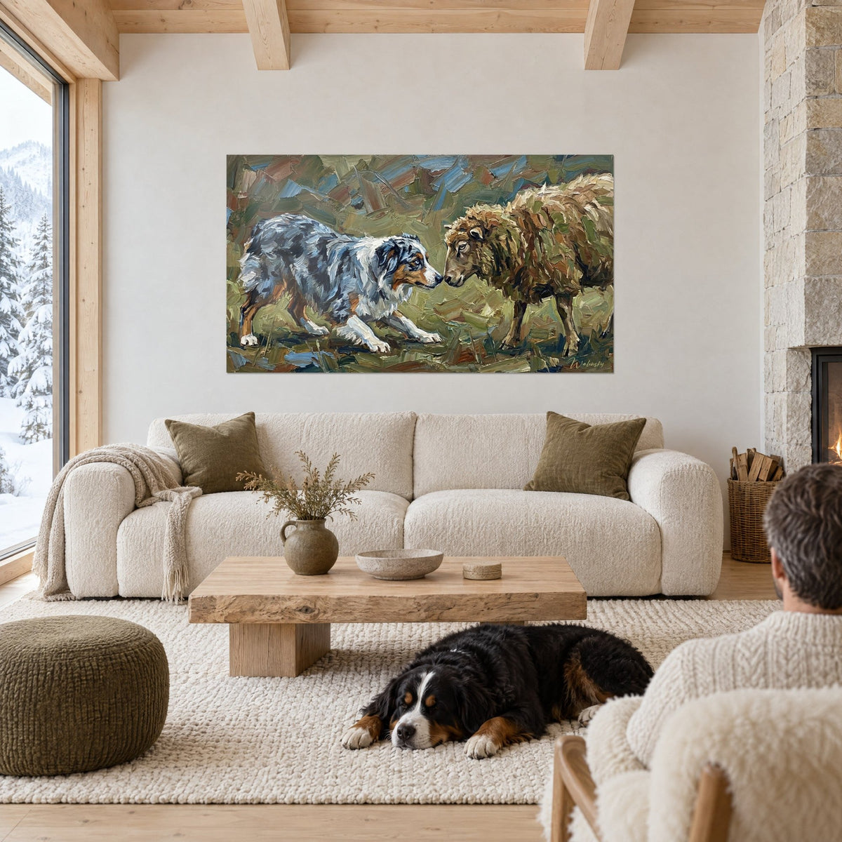Wall art blue merle sheepdog with a mottled coat facing a brown woolly sheep, olive green pasture, above a sofa in a bright living room