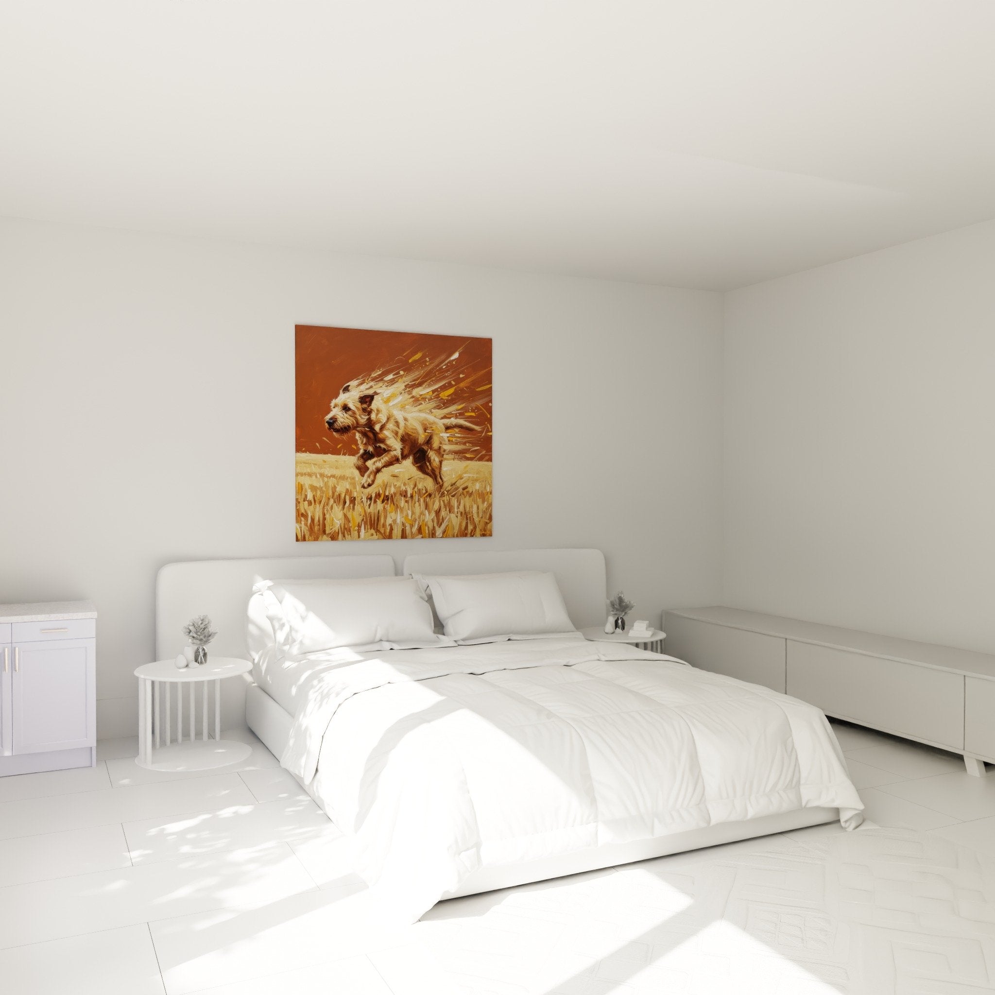 Decoration chambre tableau chien en mouvement tons ocre dores ambiance chaleureuse sur mur beige