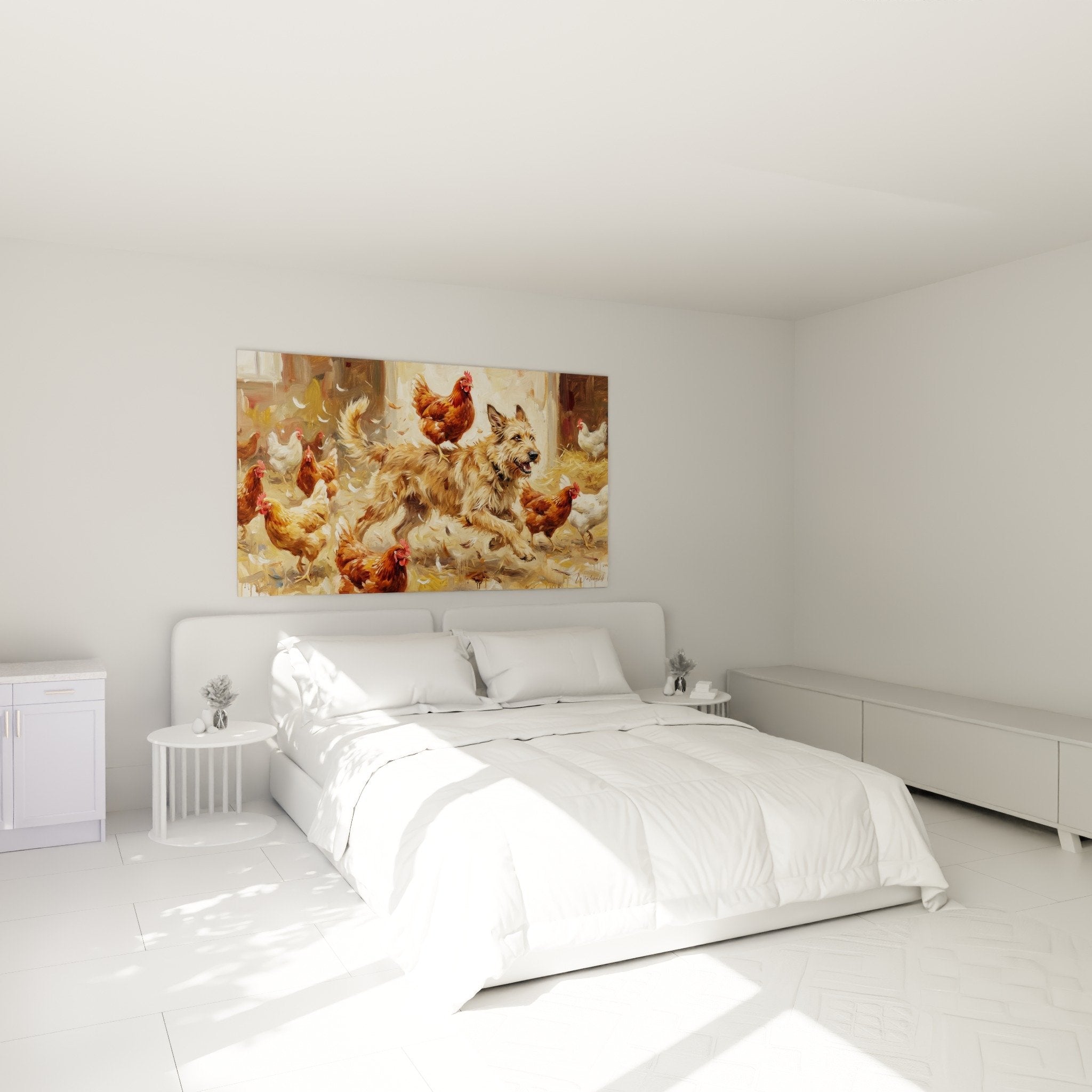 Décoration murale chambre avec Berger Picard et volailles, ambiance champêtre et tons ocre apaisants