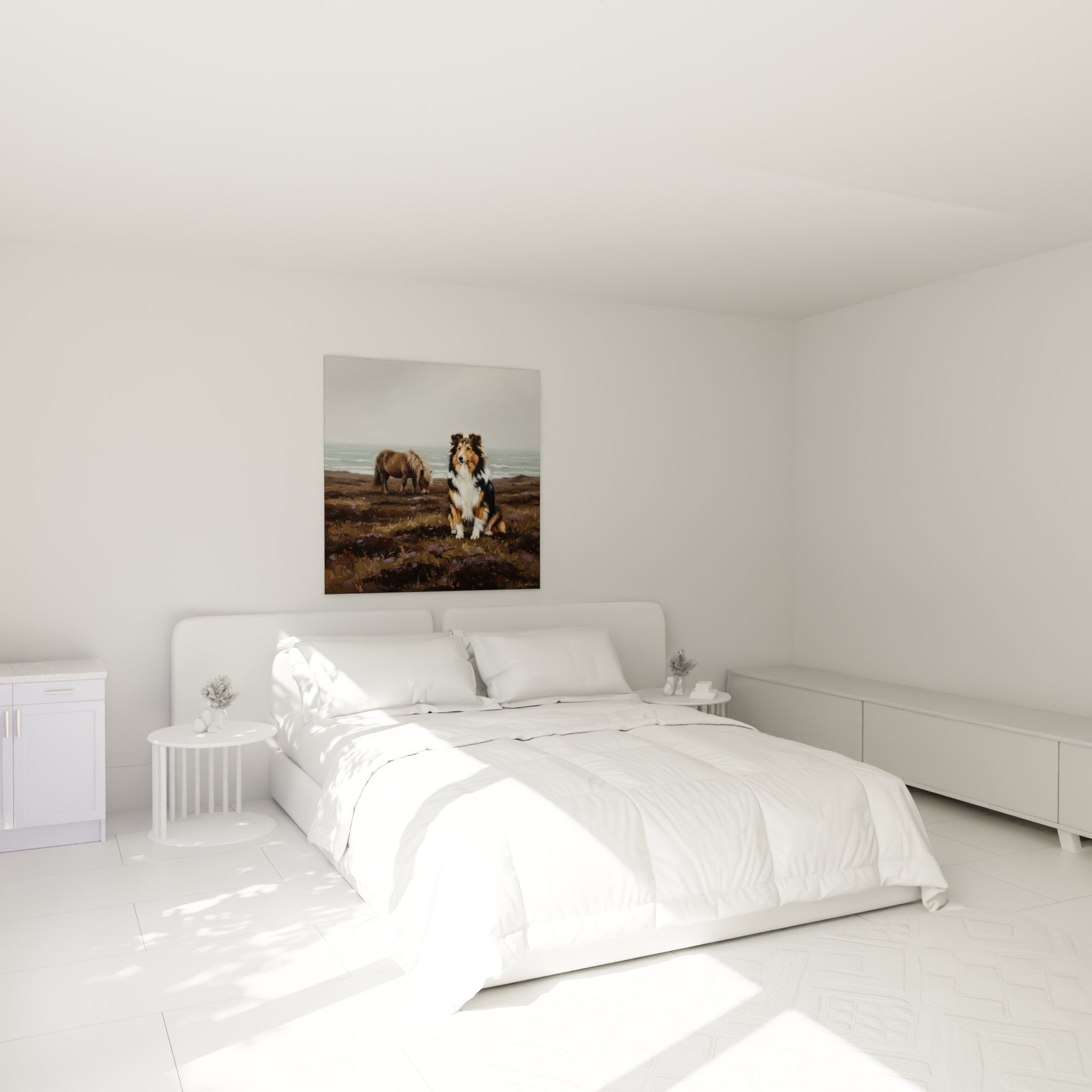 Décoration chambre avec tableau Berger des Shetland tricolore dans ambiance naturelle apaisante